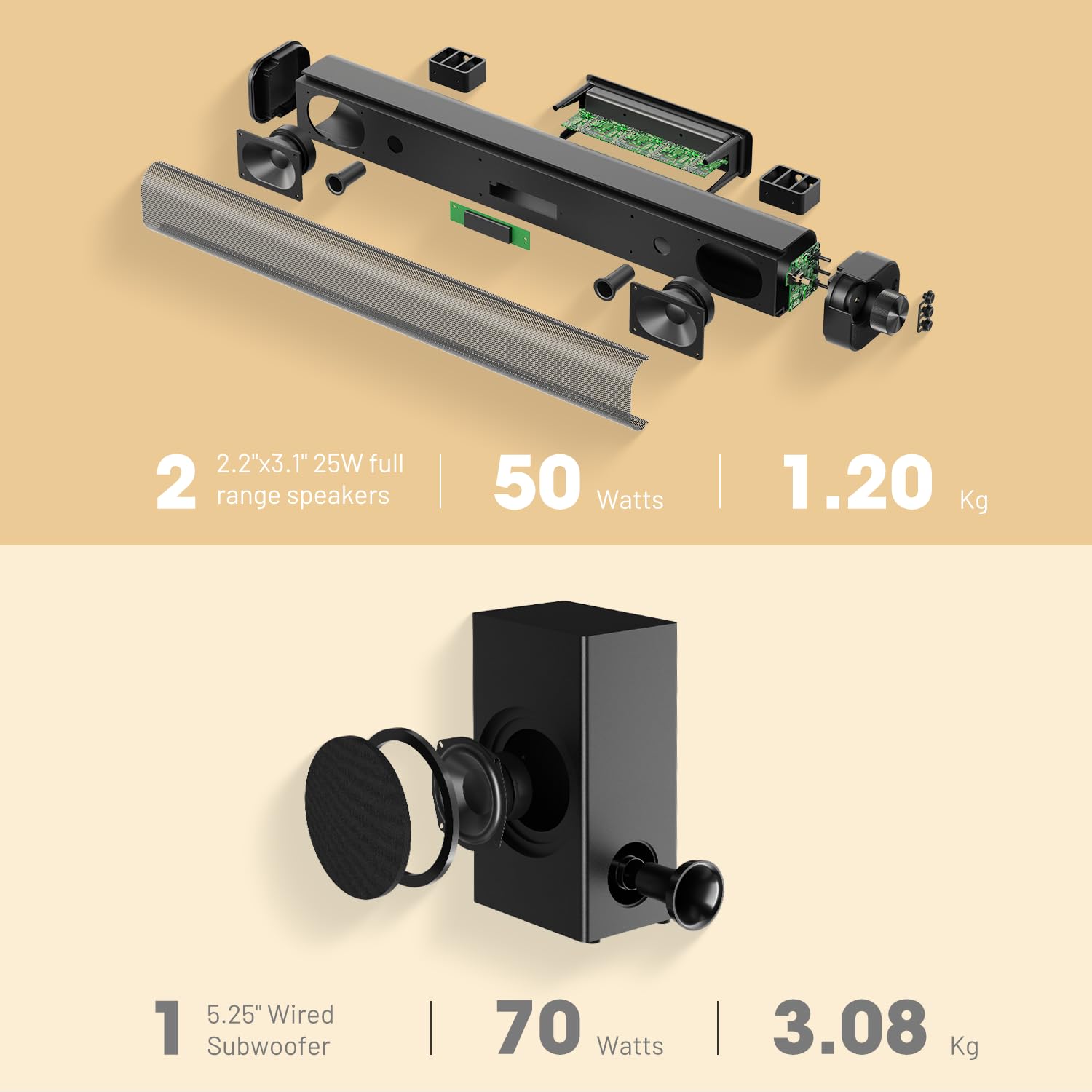 Digitalbasics 2.1Ch Dolby Atmos Tv Soundbar Speaker 5.3 Bluetooth 120W Output With 70W External Wired Subwoofer And Opt&Aux Cabl