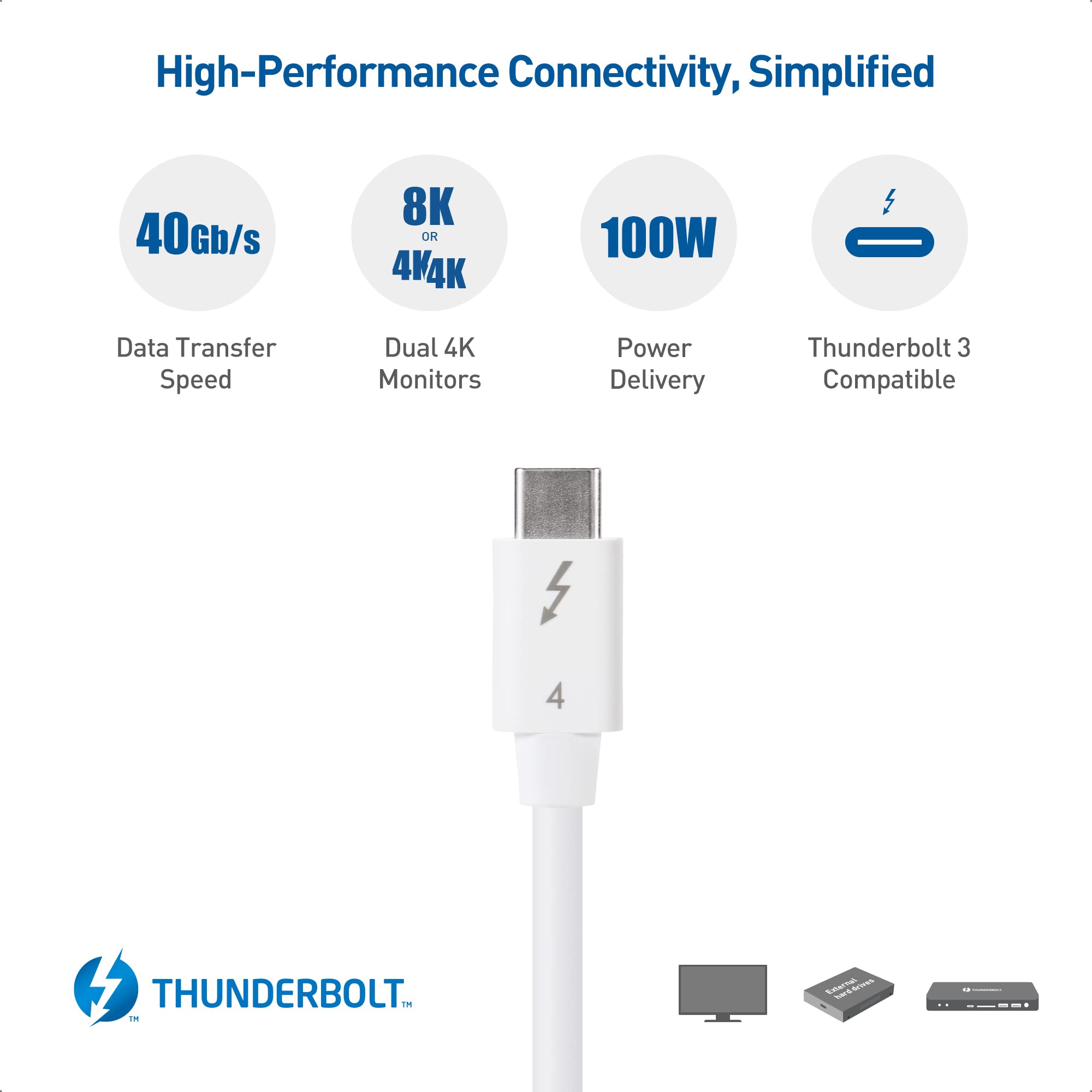 Cable Matters [Intel Certified] 40Gbps Thunderbolt 4 Cable 2.6ft with 8K Video and 100W Charging in White   0.8m, Compatible with USB4, Thunderbolt 3 Cable and USB C