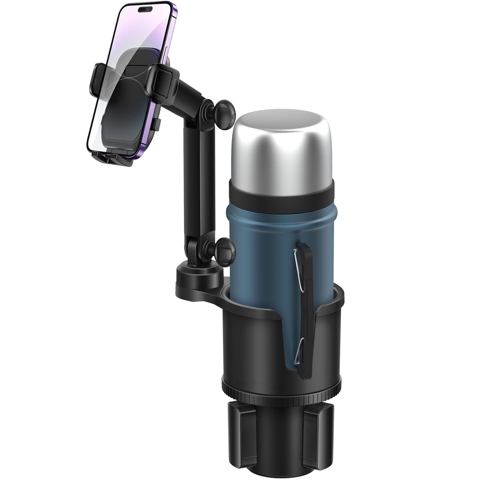 Car Cup Holder Expander Phone Holder with Adjustable Arm and Base, 2 in 1 Phone Mount and CupHolder Adapter with Expandable Base