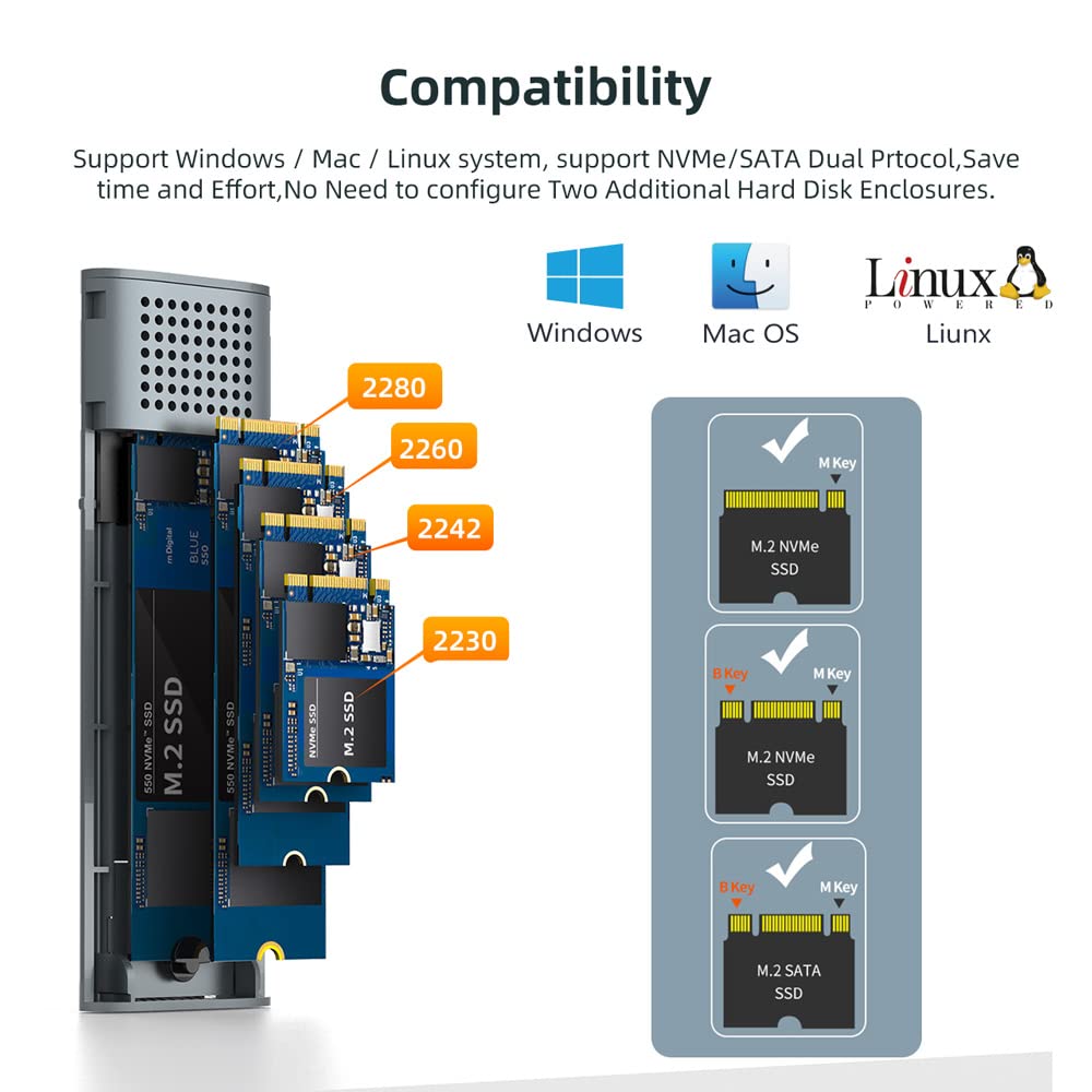 Maiwo M.2 Nvme Sata Ssd Enclosure, 10Gbps Usb 3.1 Gen2 Type C To M.2 Ssd Adapter, 4Tb Capacity, M.2 Ssd Case Reader Shell Housing, Support Uasp Trim