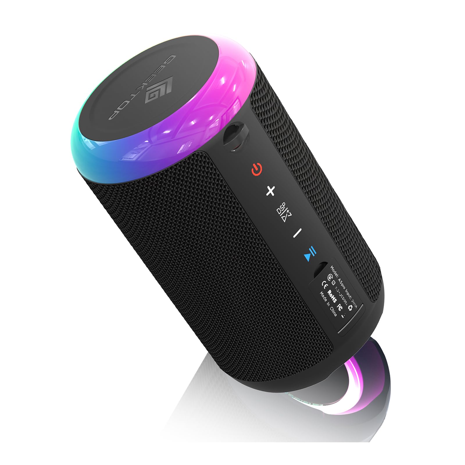 Geektop Portable Bluetooth Speaker, Stereo Sound Wireless Speakers With Ipx7 Waterproof, Led Lights, Dual Pairing Speaker For Party/Home/Outdoor/Beach, Birthday Gift, Black