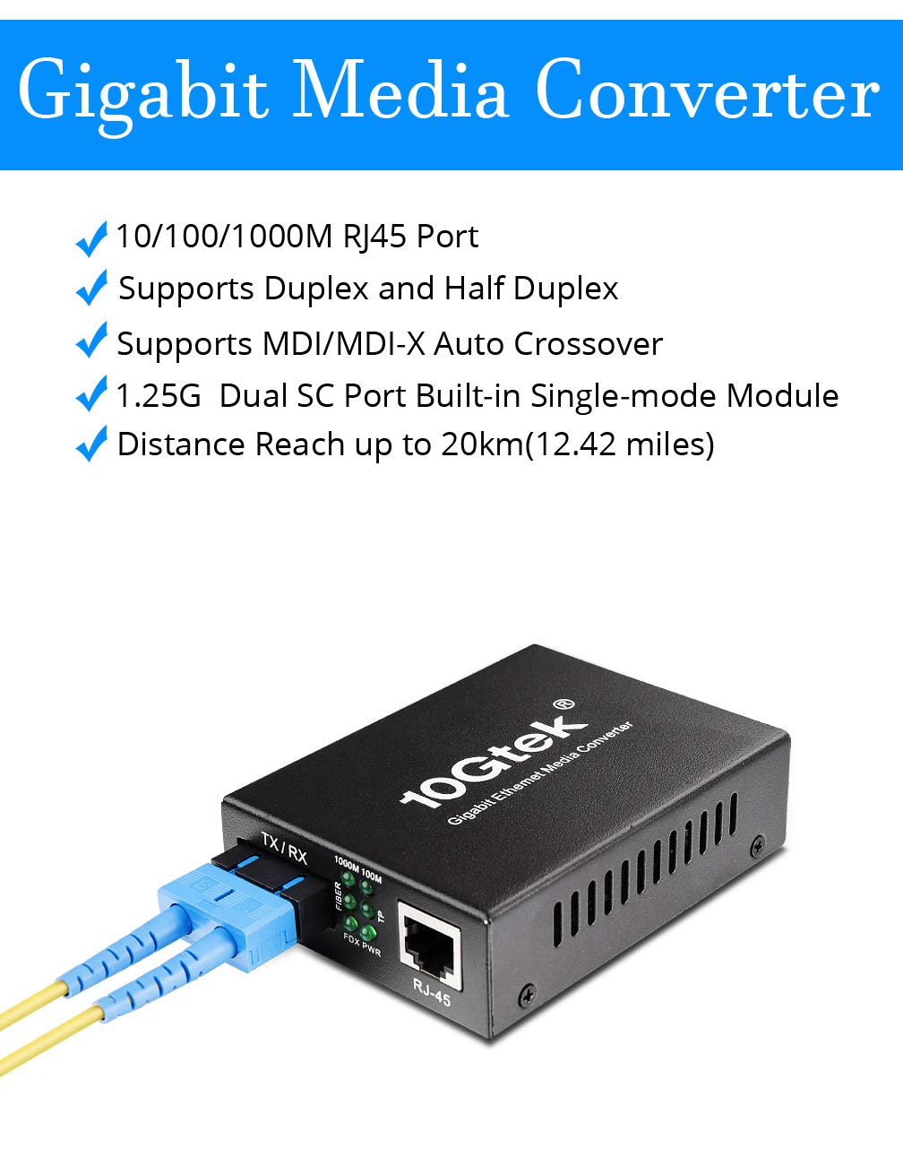 Fiber To Ethernet Media Converter, Gigabit Single Mode Dual Sc Converter, Built In Fiber Module Up To 20Km, Dual Sc To 10/100/10