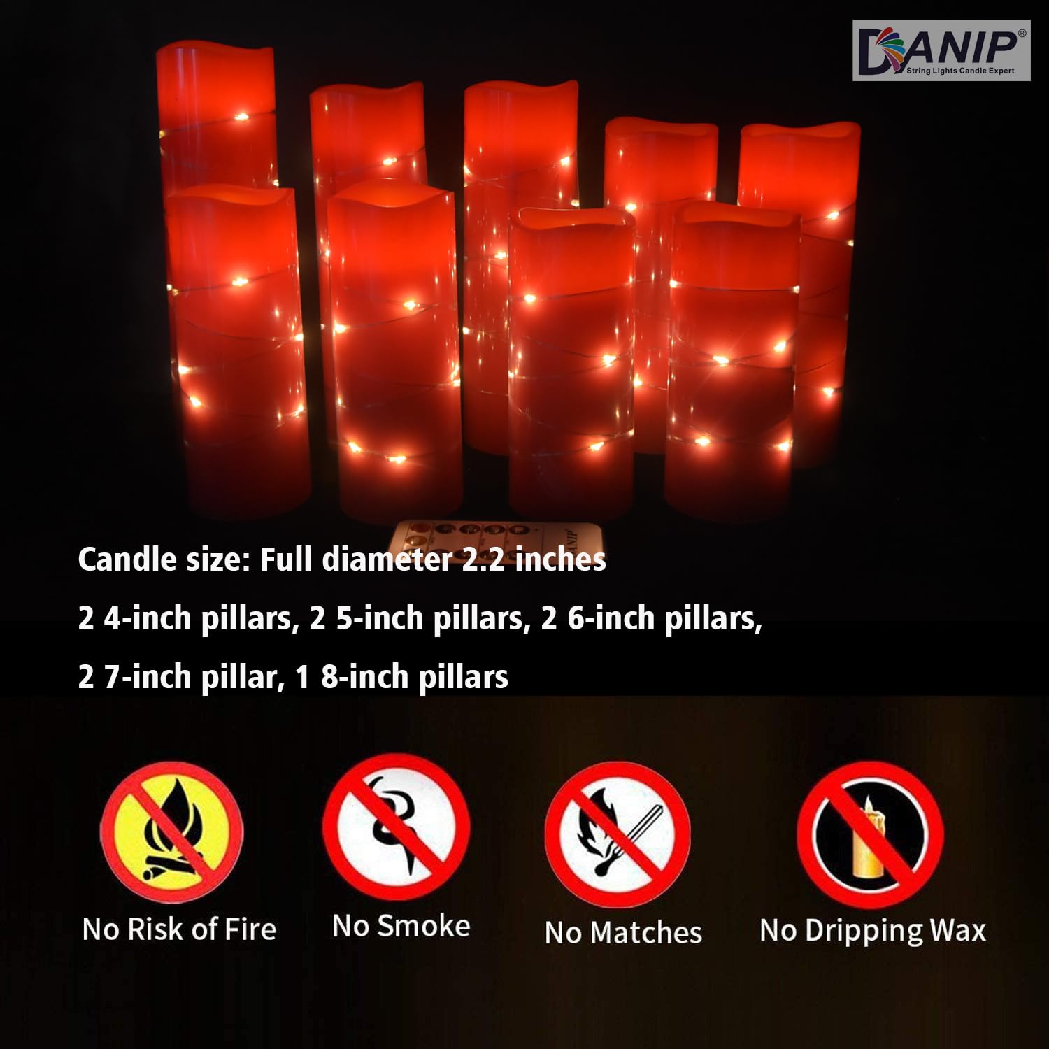 Danip Red Flameless Candle, Built In Star Cluster, 9 Led Candles, 11 Button Remote Control, 24 Hour Cycle Timer, Flashing Flame,