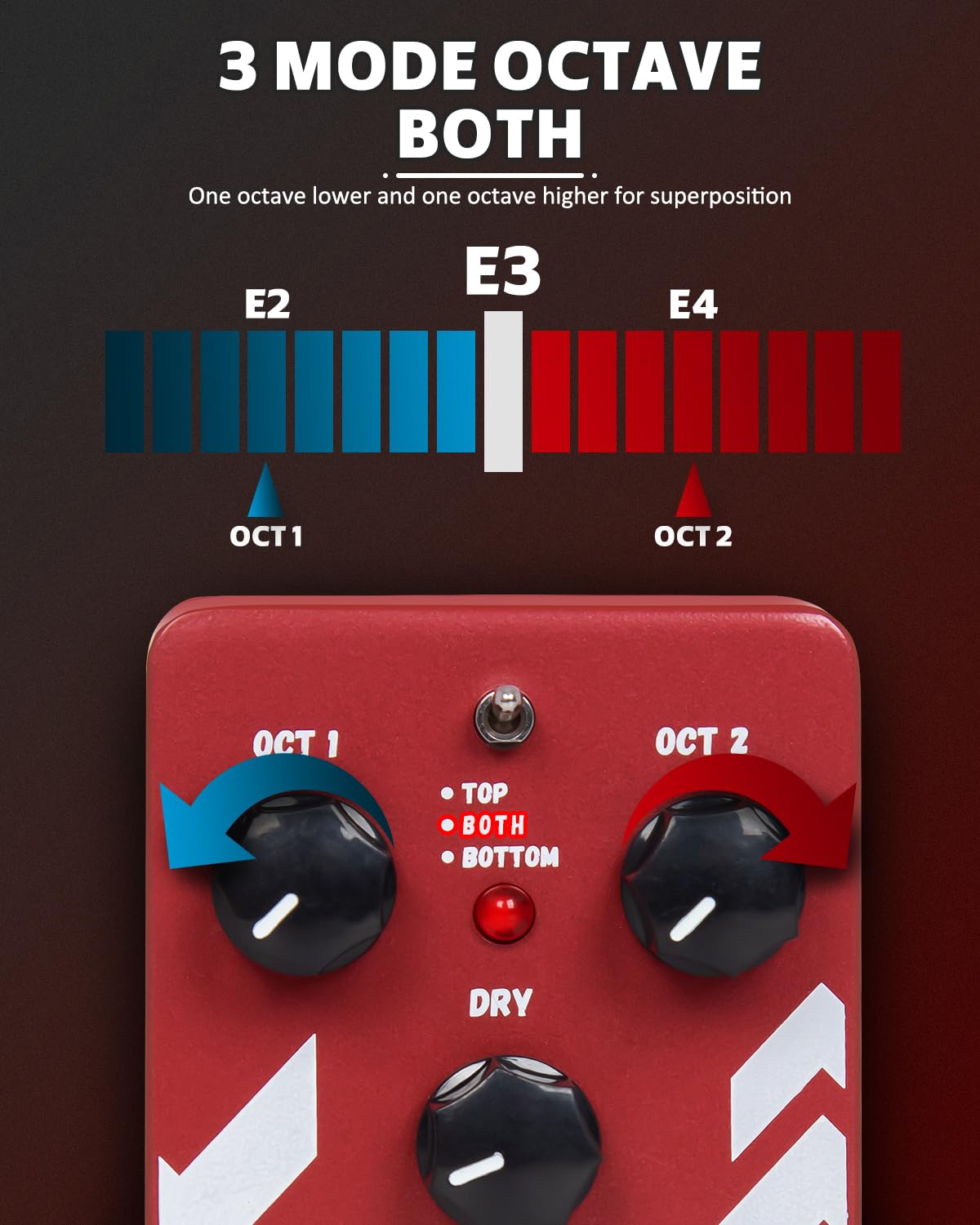 Strich Polyphonic Octave Guitar Pedal, Digital 3 Modes Octave Shifter With Top/Both/Bottom Selection, Compact & Practical Alumin