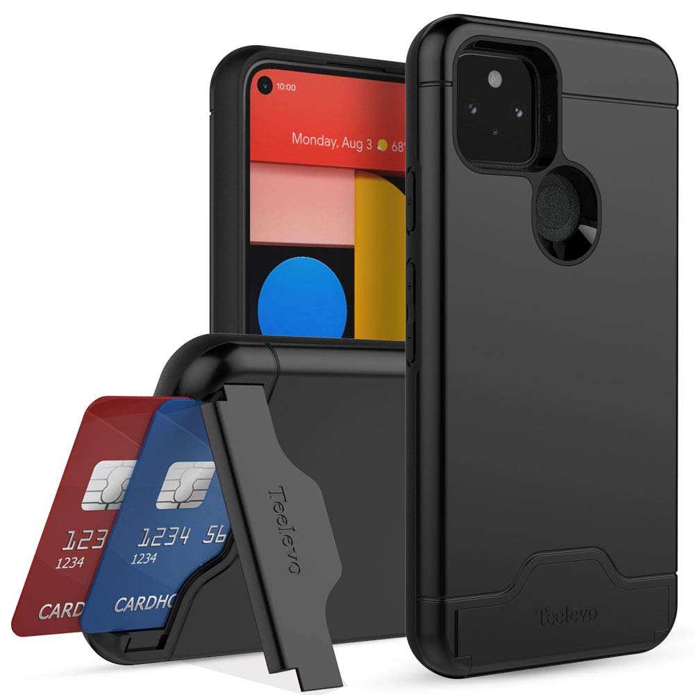 Teelevo Wallet Case For Google Pixel 5, Dual Layer Case With Card Slot Holder And Kickstand For Google Pixel 5   Black