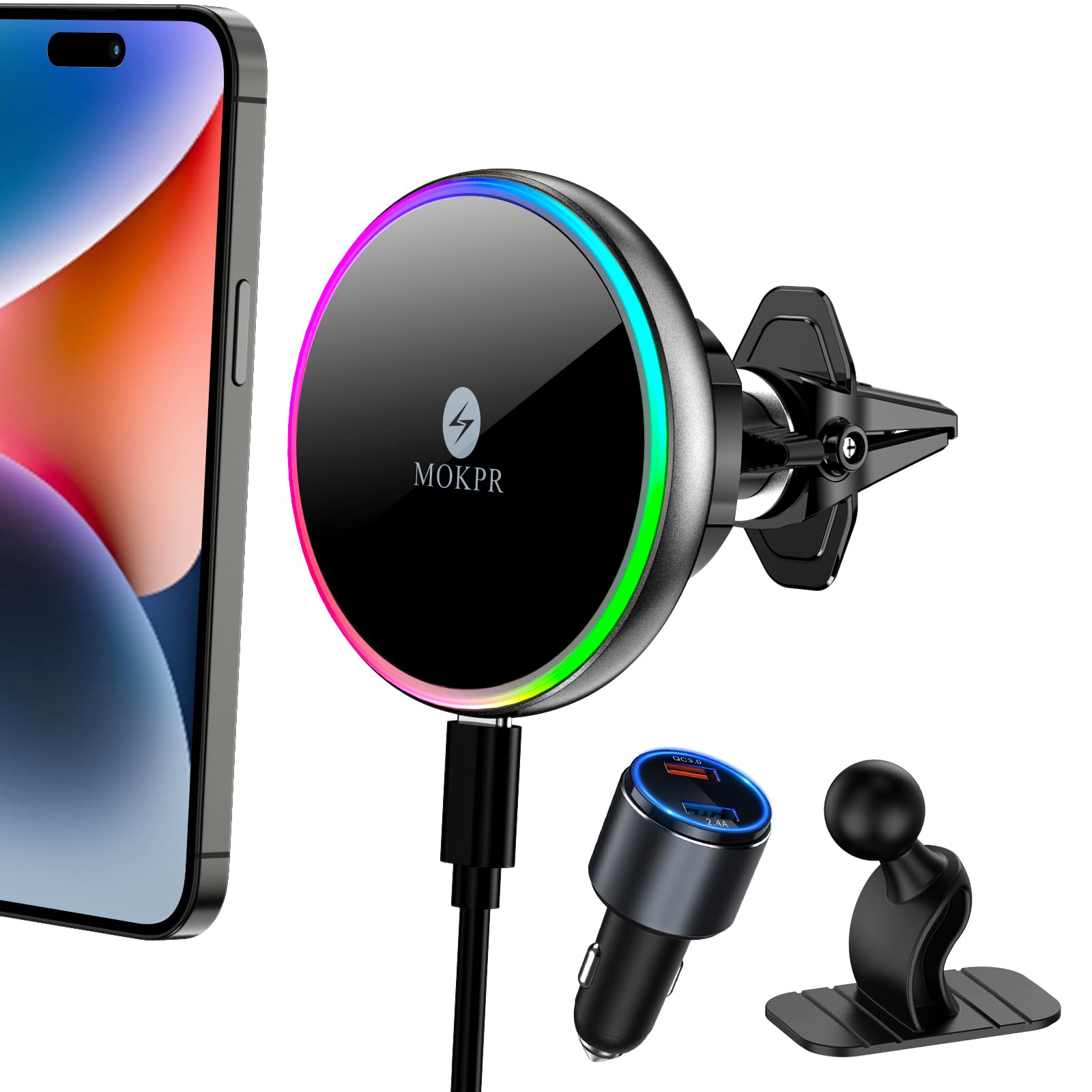 Mokpr For Magsafe Car Mount Charger-Wireless Car Charger-Magnetic Car Phone Holder For Dash Air Vent-Led Rgb Handsfree Car Mount
