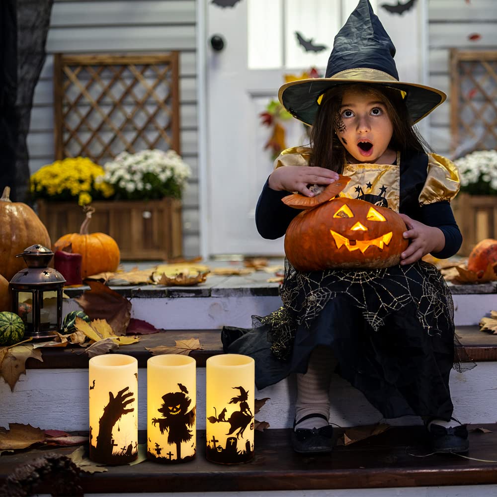 Genswin Halloween Flameless Flickering Candles With Witch, Scarecrow, Hand Decals With Remote Timer, Battery Operated Real Wax H