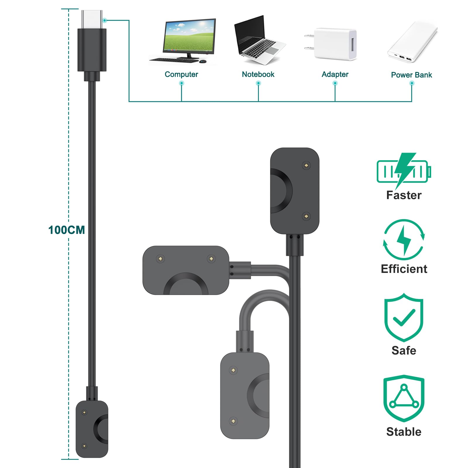 2 Pack Usb C Cable For Samsung Galaxy Fit 3 Charger, 3.3Ft Magnetic Charging Cable Dock Stand For Galaxy Watch Fit 3 Sm-R390 Sma