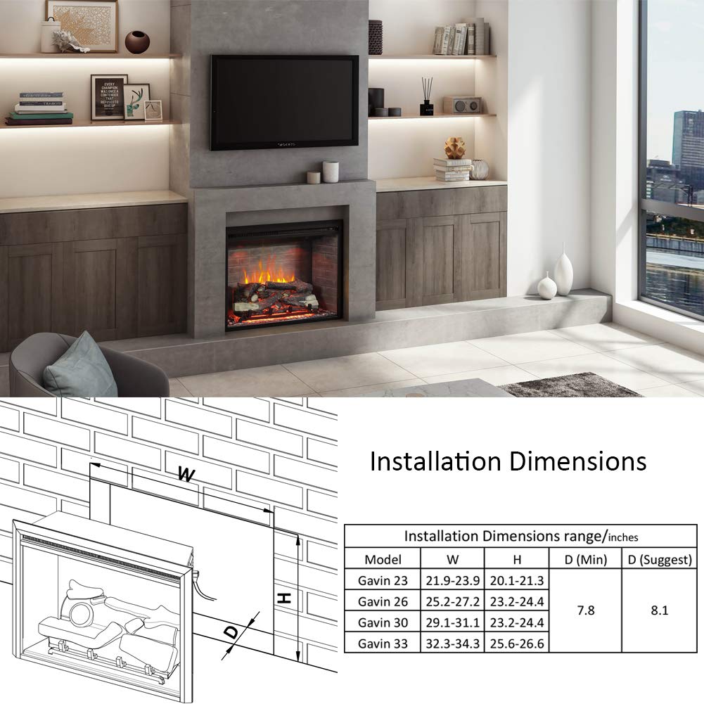Richflame Gavin 33 Inches Electric Fireplace Insert With Log Speaker, Designed For Stud, Wood Burning Opening, Cabinet & Wood Ma