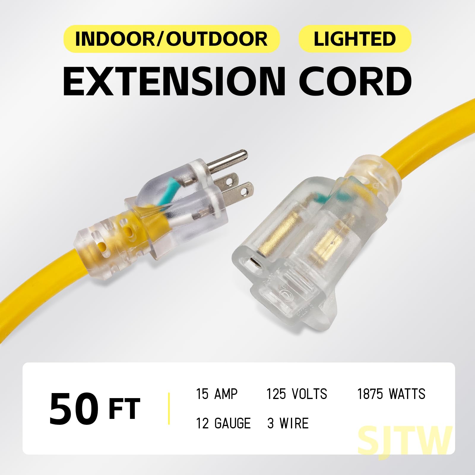Ep 50 Ft Lighted Outdoor Extension Cord   12/3 Sjtw Heavy Duty Yellow Extension Cable With 3 Prong Grounded Plug   15Amp Power C