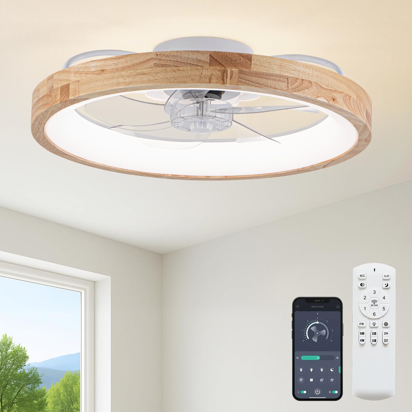Fszdorj 20 Ceiling Fan with Light, Wooden Low Profile Ceiling Fan with Light, Dimmable Flush Mount Ceiling Fan with Light, Fan