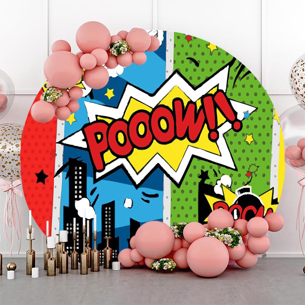 Renaiss 7X7Ft Superhero Round Backdrop For Photoshoot Boy Girl Portrait Cityscape Skyscraper American Comic Circle Photography B