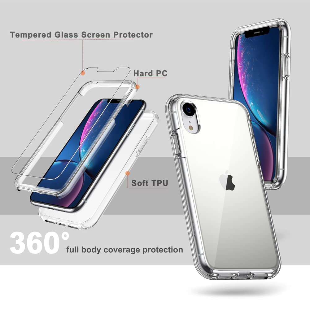 Coolqo Compatible For Iphone Xr Case, With [2 X Tempered Glass Screen Protector] Clear 360 Full Body Coverage Hard Pc+Soft Silic