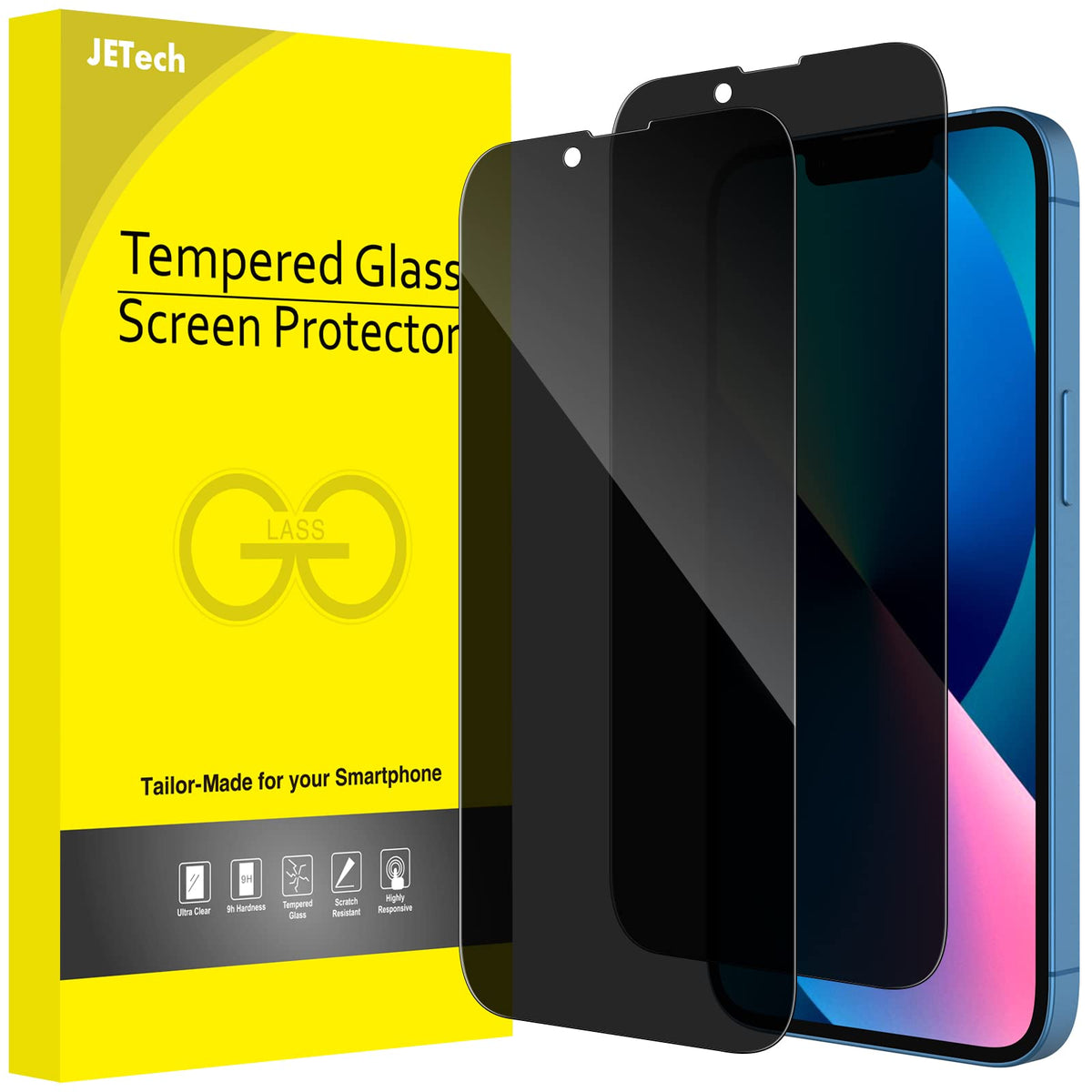 JETech Privacy Full Coverage Screen Protector for iPhone 16e 2025, iPhone 13/13 Pro 6.1-Inch, Anti-Spy Tempered Glass Film, Edge to Edge Protection Case-Friendly, 2-Pack
