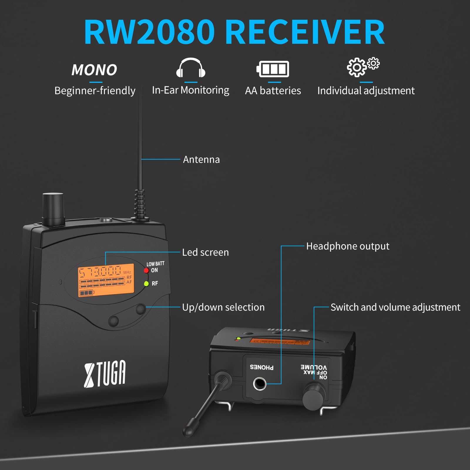 Xtuga Rw2080 Wireless In Ear Monitor System 8 Bodypacks Uhf Iem System, 2 * 40 Frequencies Mono Design Stage Monitors Earphone,