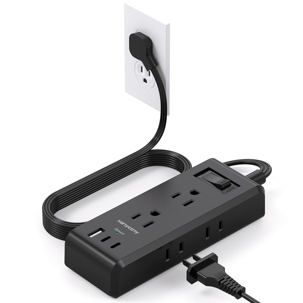 Cruise Essentials, Flat Plug Power Strip, 5Ft Ultra Flat Extension Cord - 6 Outlets 3 Usb Ports (2 Usb C) Desktop Charging Stati