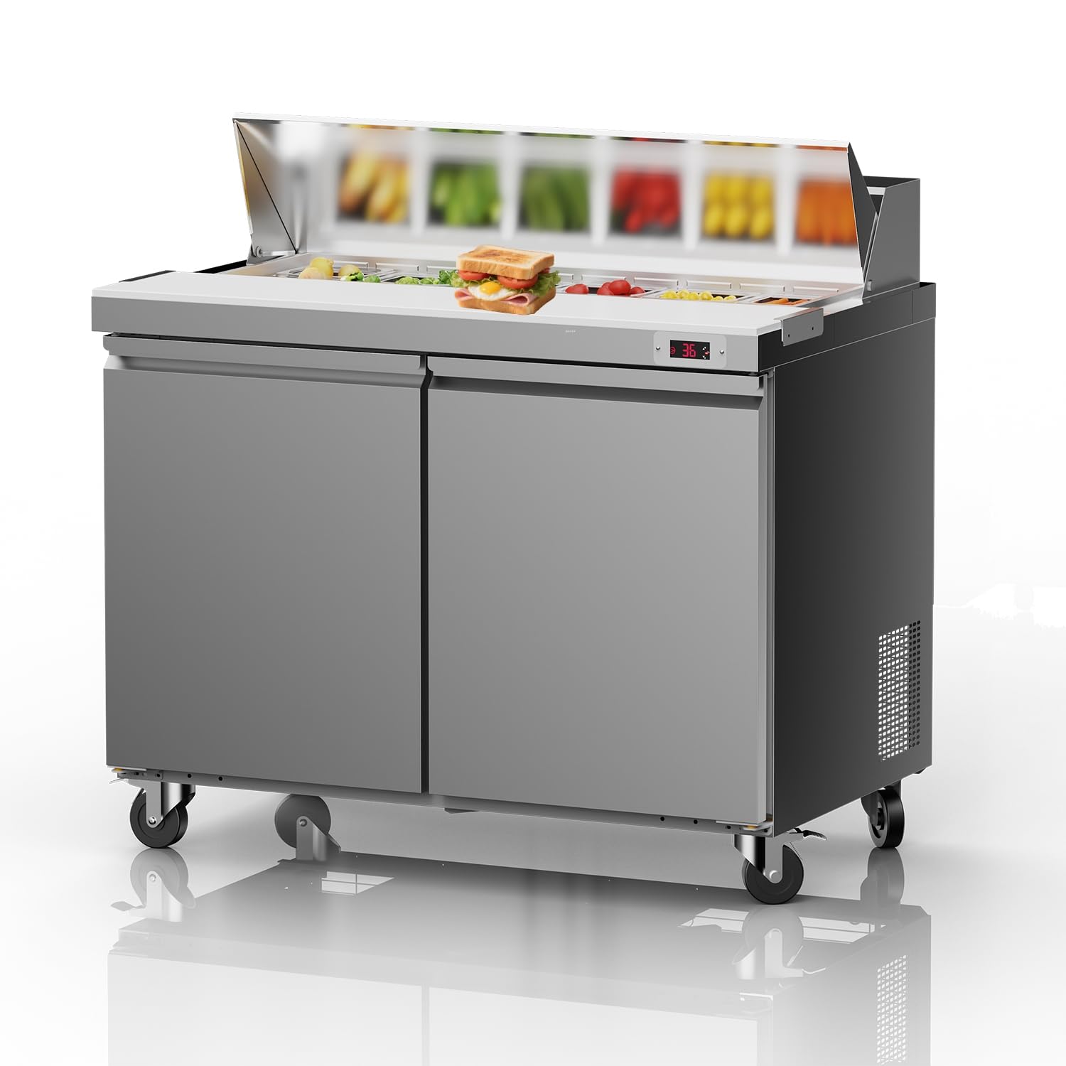 LCEKY 48 W Sandwich Salad Prep Table Refrigerator Commercial Refrigerator with 12 Pans Stainless Steel Fan Cooling Kitchen Equip