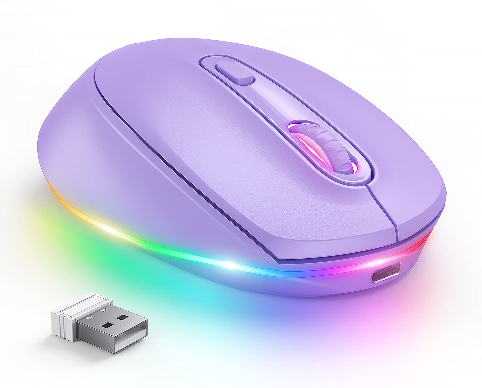 Seenda Wireless Mouse, Rechargeable Light Up Mouse For Laptop, Small Cordless Mice With Quiet Click Led Rainbow Lights For Pc Computer Kids Chromebook Windows Mac, Purple
