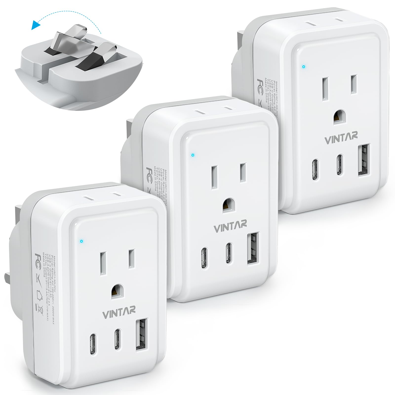 [3 Pack] Us To Uk Ireland Travel Plug Adapter, Vintar Foldable Type G Power Adapter With 2 Outlets And 3 Usb Ports(2 Usb C), 5 I