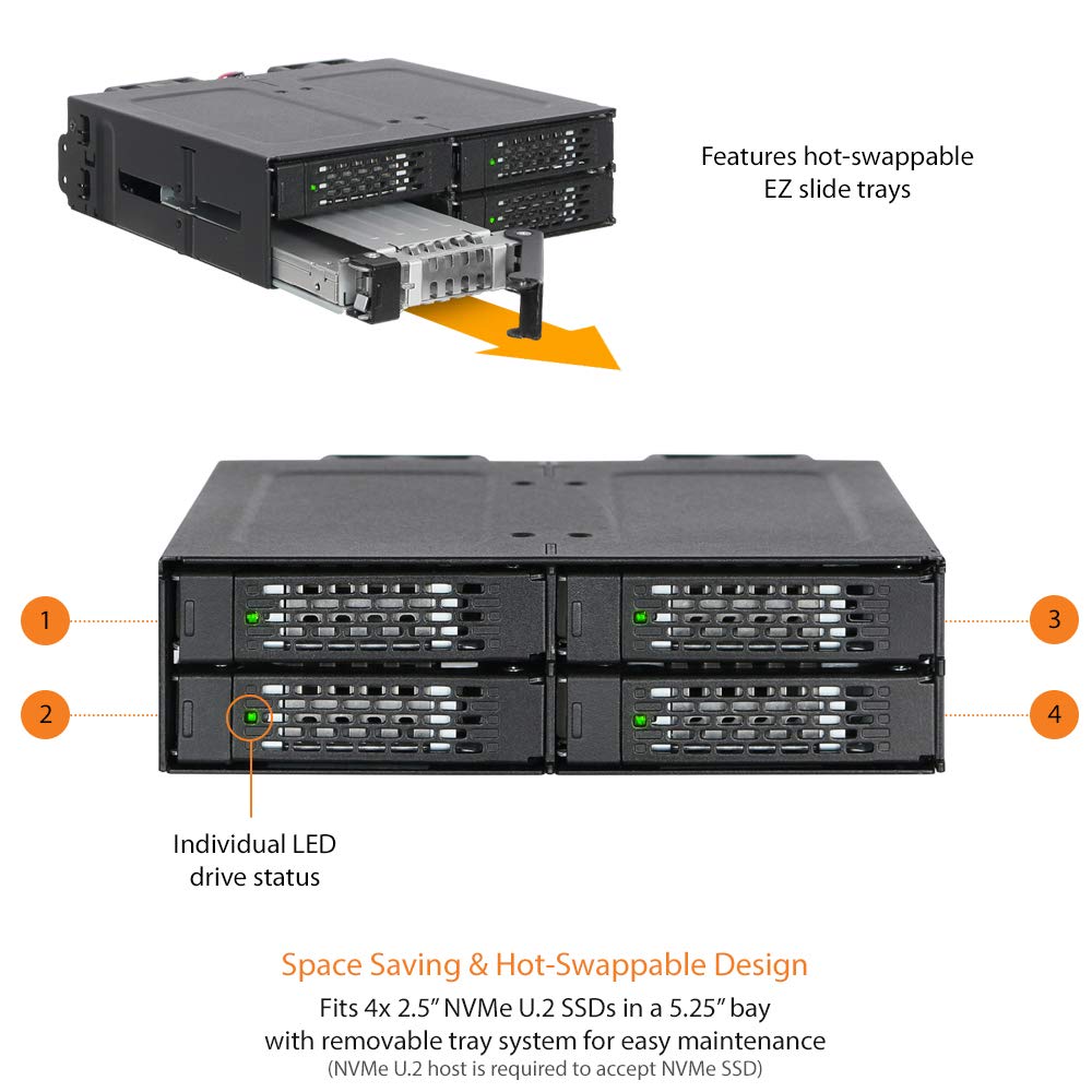 ICY DOCK 4 Bay 2.5 NVMe U.2/U.3 SSD PCIe 4.0 Rugged Mobile Rack Enclosure for 5.25' Bay (4 x Mini SAS HD) | ToughArmor MB699VP B