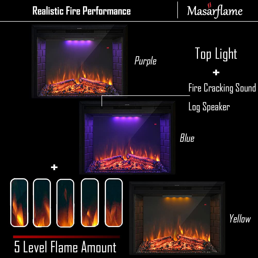 Masarflame 36'' Electric Fireplace Insert, Retro Recessed Fireplace Heater With Fire Cracking Sound, Remote Control & Timer, 750