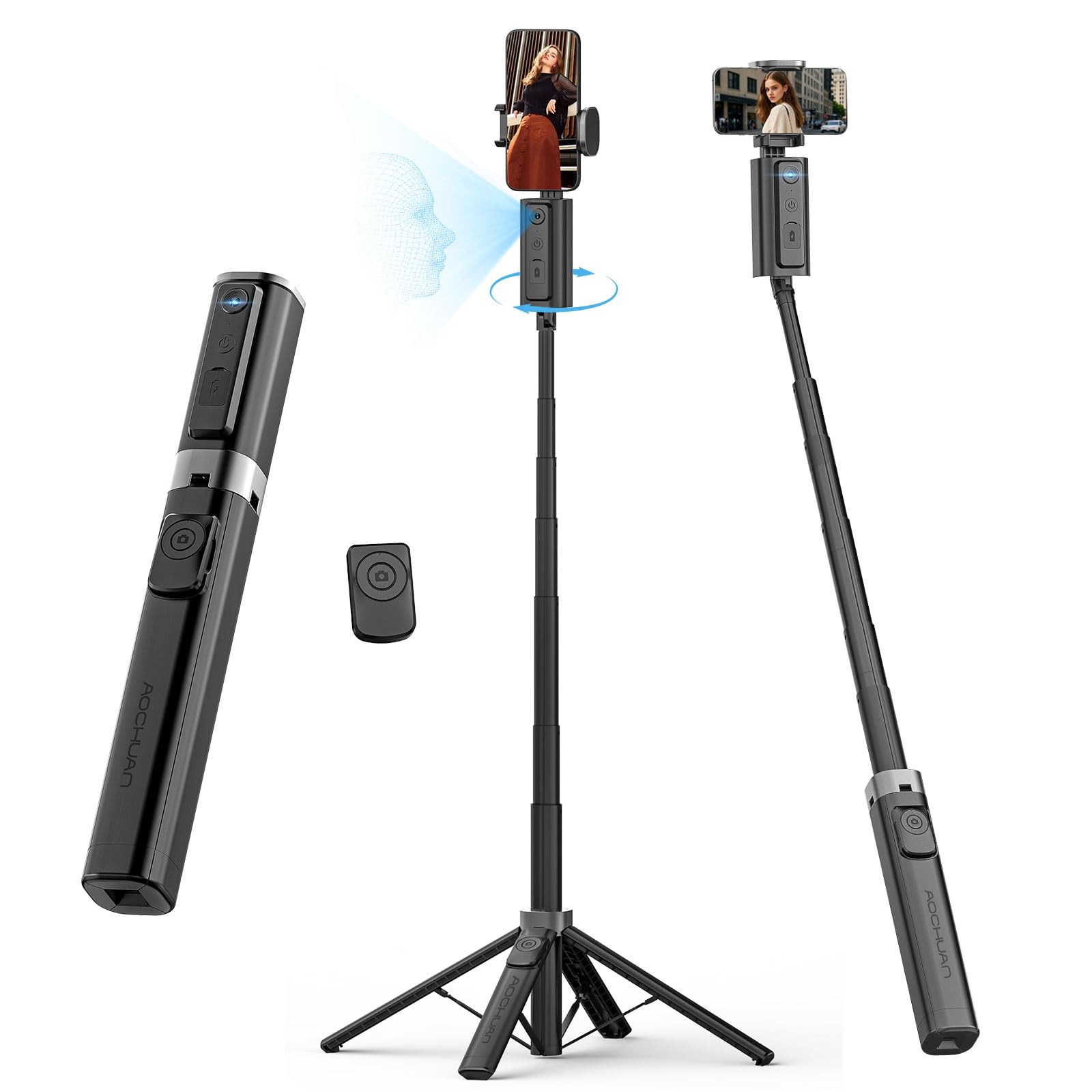AOCHUAN Auto Face TrackingTripod, w/Gesture Control for iPhone,Extendable Pole, 360 Rotating Selfie Stick,Wireless Remote,Video 