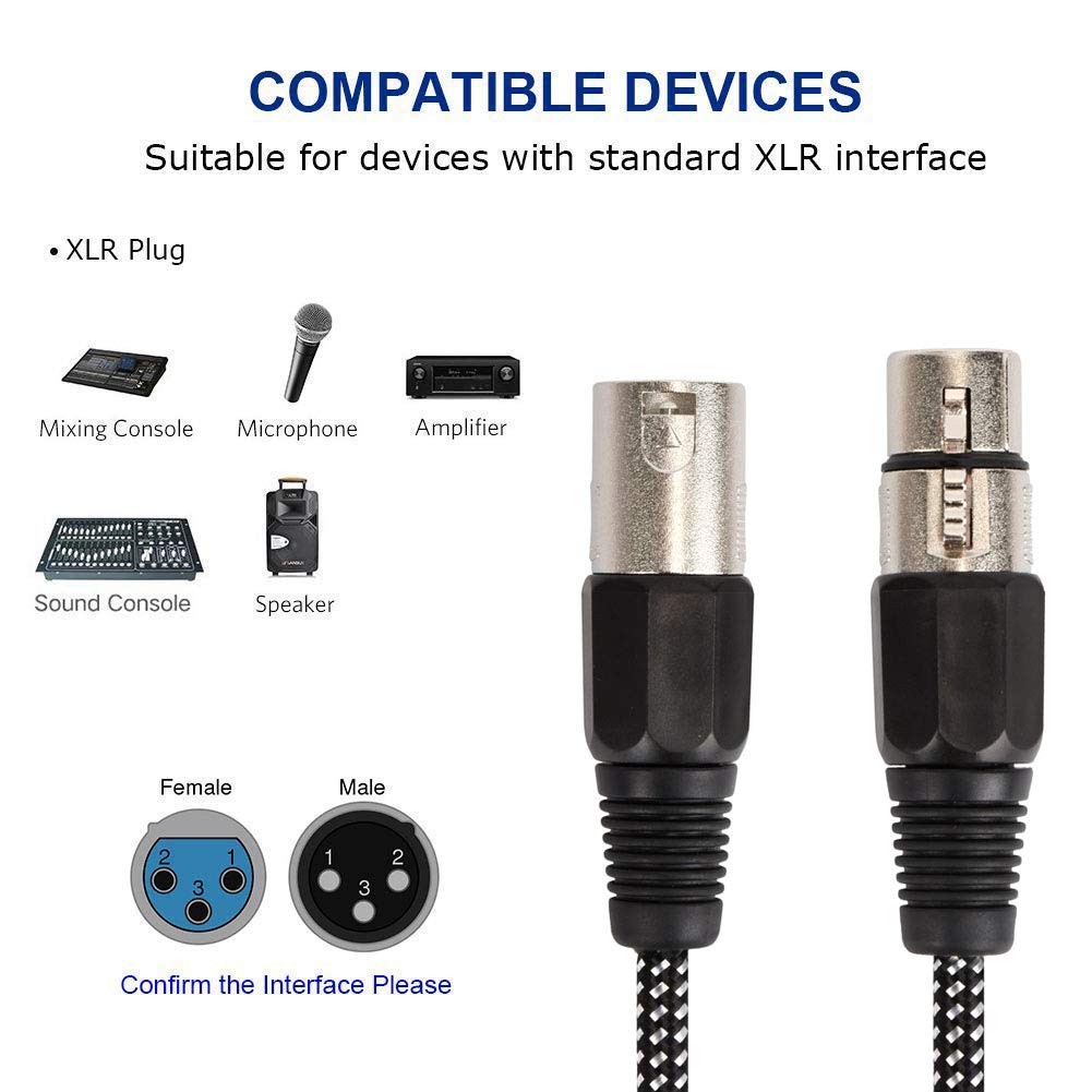 Kinxiyu Xlr Cable 6 Ft/5 Pack, Microphone Cable 3 Pin Nylong Braided Balanced Xlr Male To Xlr Female Heavy Duty Mic Patch Cords