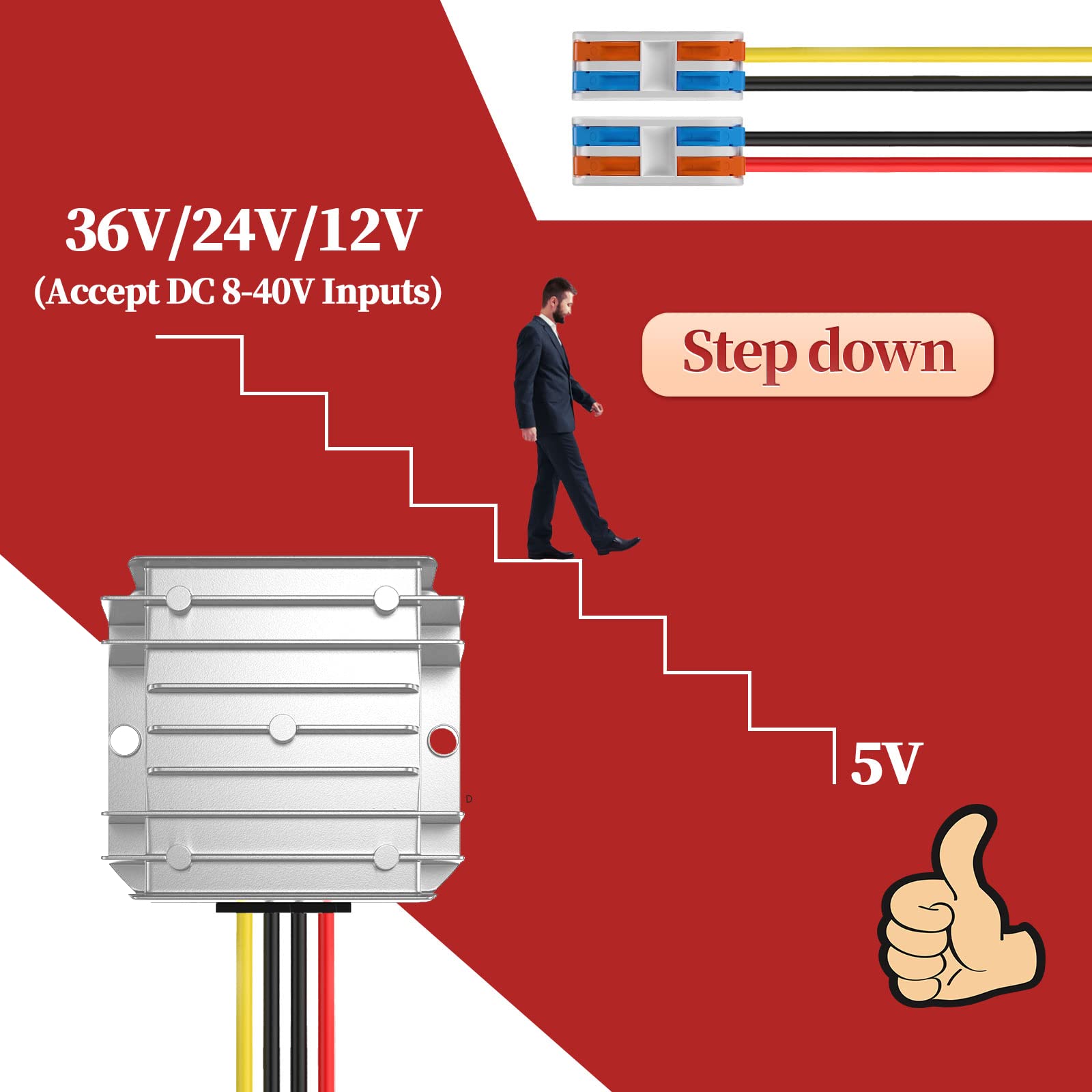 12V To 5V Converter 10A 50W, 24V To 5V Converter With Wire Terminal Block, Buck Converter 24V To 5V For Car Electronics Truck Ve
