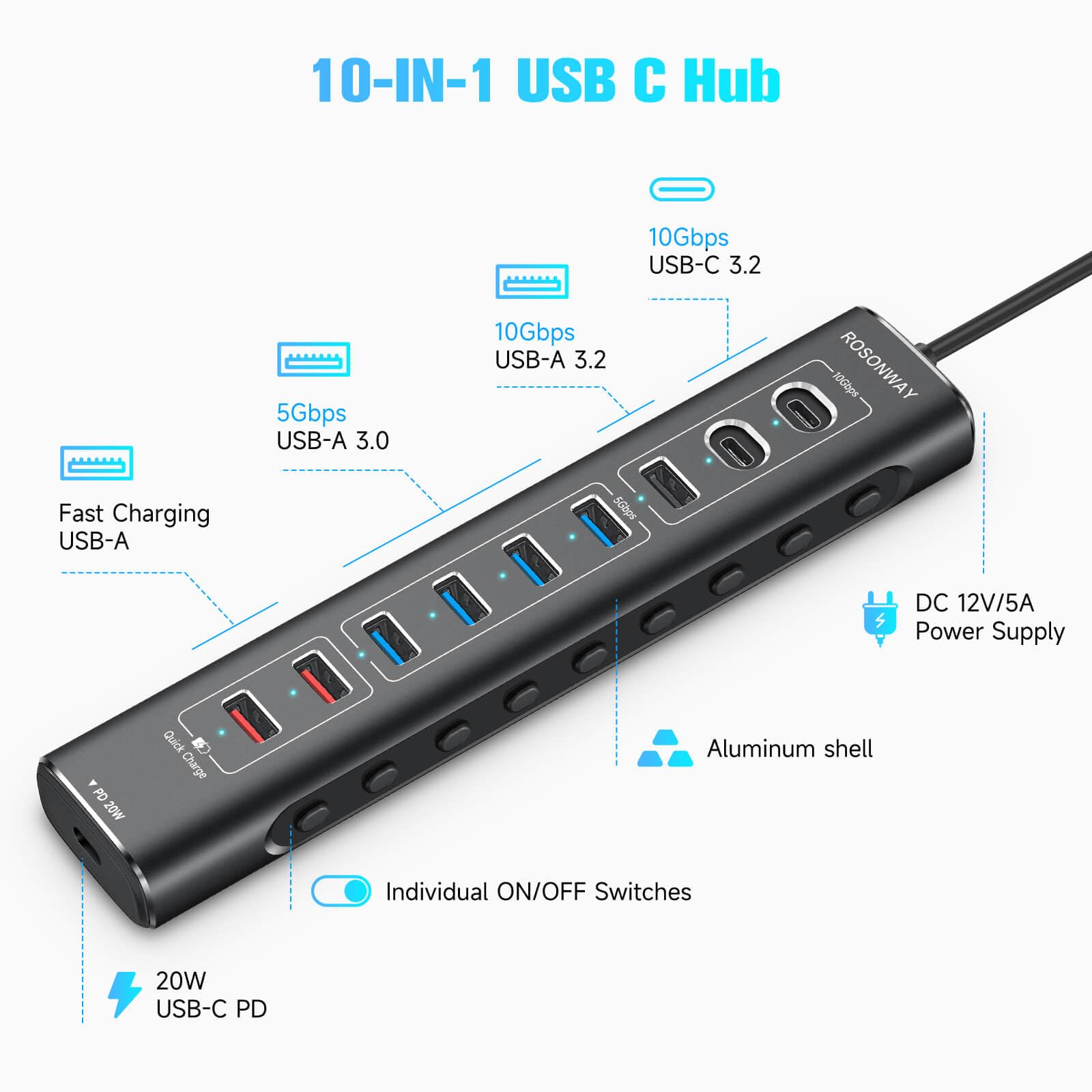Rosonway 10-Port Powered USB 3.2 Hub, 60W, Aluminum, 3x10Gbps USB-C, 4 USB 3.0 Data Ports, Silver,