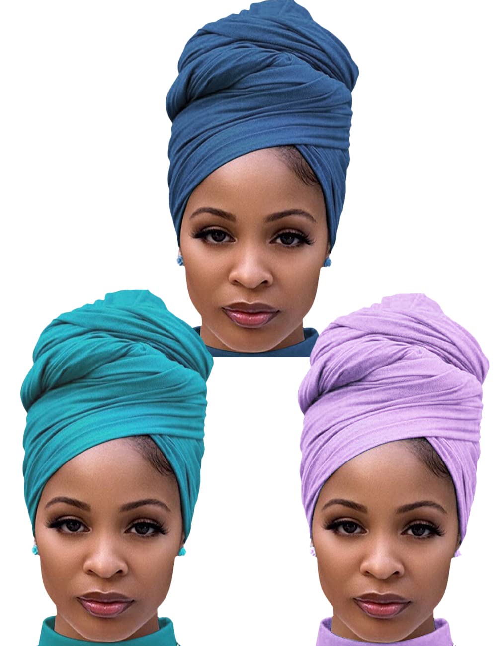 Harewom 3Pcs Head Wraps For Black Women Turban Headwraps Stretchy African Hair Wraps Soft Jersey Head Scarf Tie Headbands Pack F