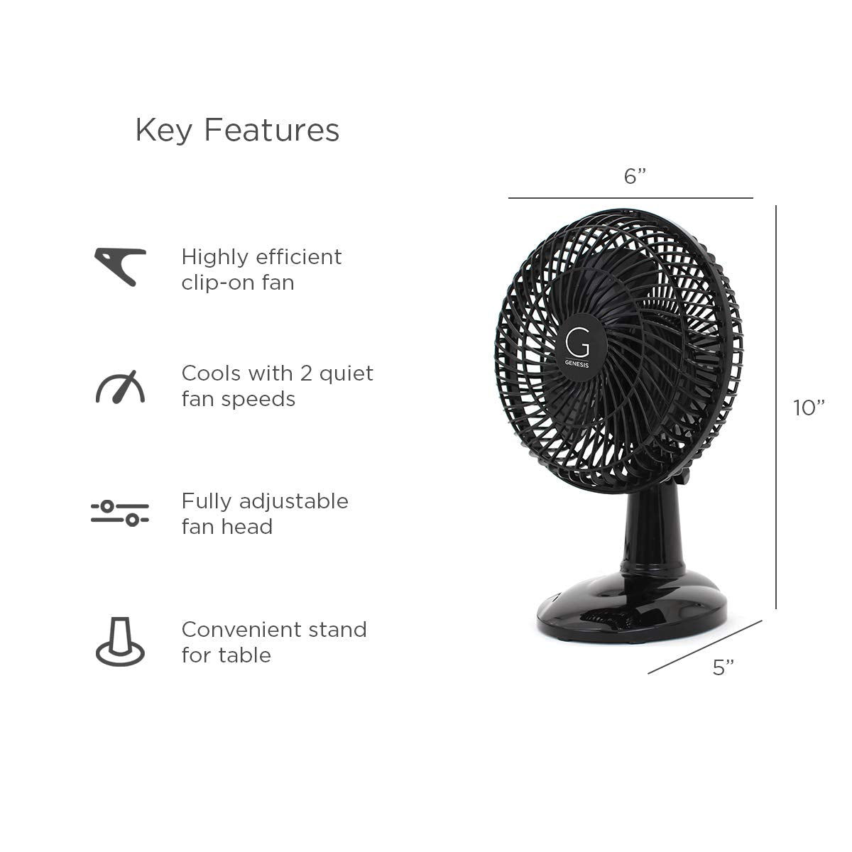 Genesis 6 Inch Clip Convertible Table Top & Clip Fan Two Quiet Speeds   Ideal For The Home, Office, Dorm, More Black (A1Clipfanb