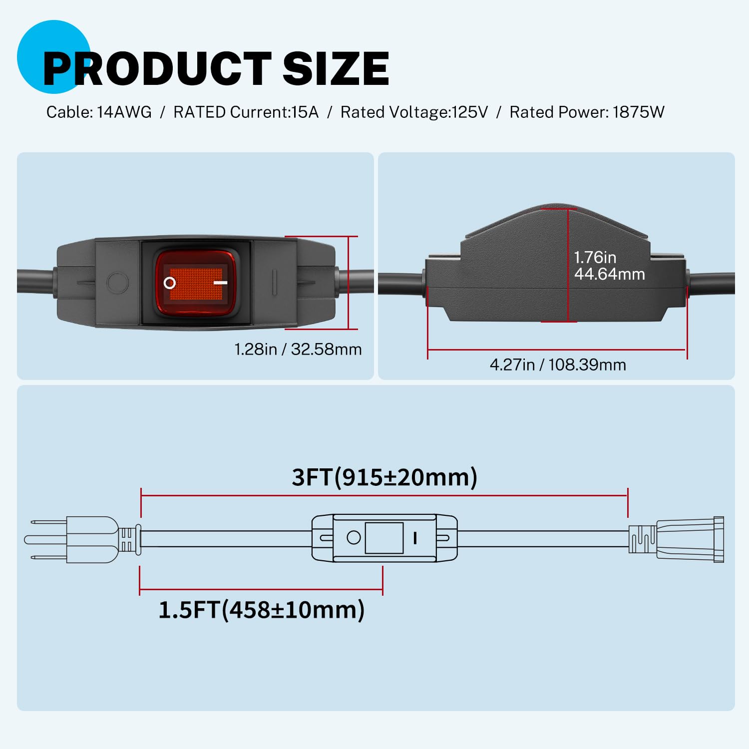 Firmerst 1875W Outdoor Extension Cord With Switch Waterproof Black 3 Feet