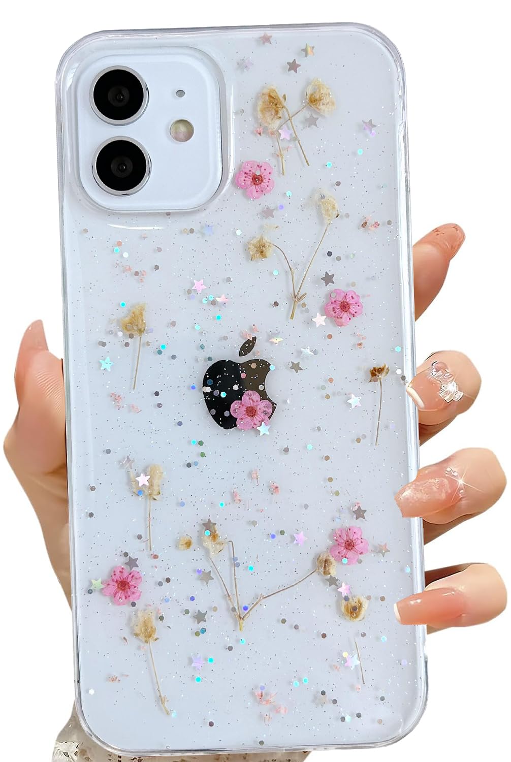 Lseeka For Iphone 12/ Iphone 12 Pro Clear Case With Pressed Real Flowers Design,Glitter Cute Pink Floral Pattern Slim Soft Tpu P