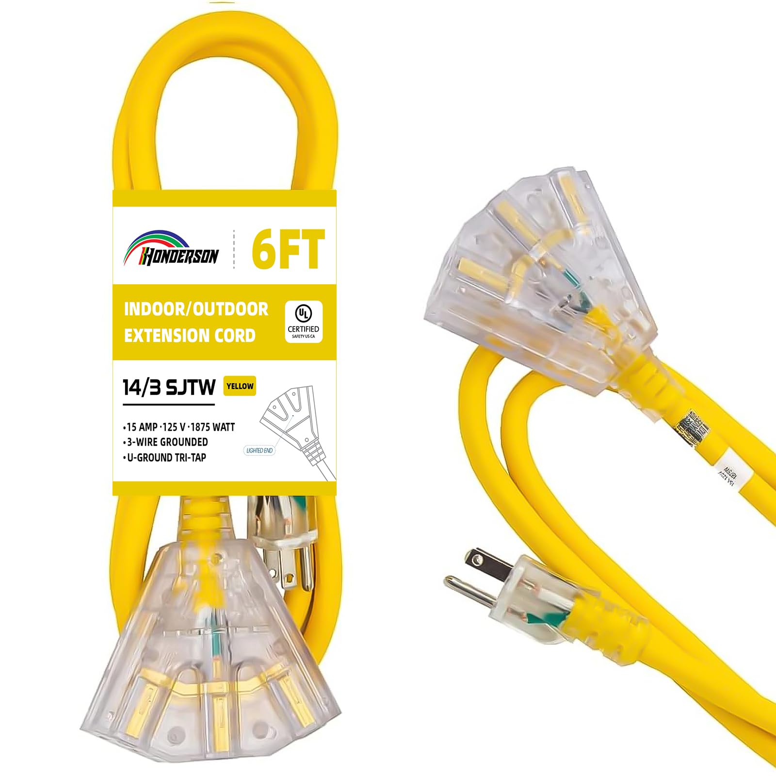 Honderson 3 Outlets Indoor Outdoor Extension Cord Weatherproof With Lighted End, Ul Listed, 14 Gauge 6Ft Yellow 3 Prong Heavy Du