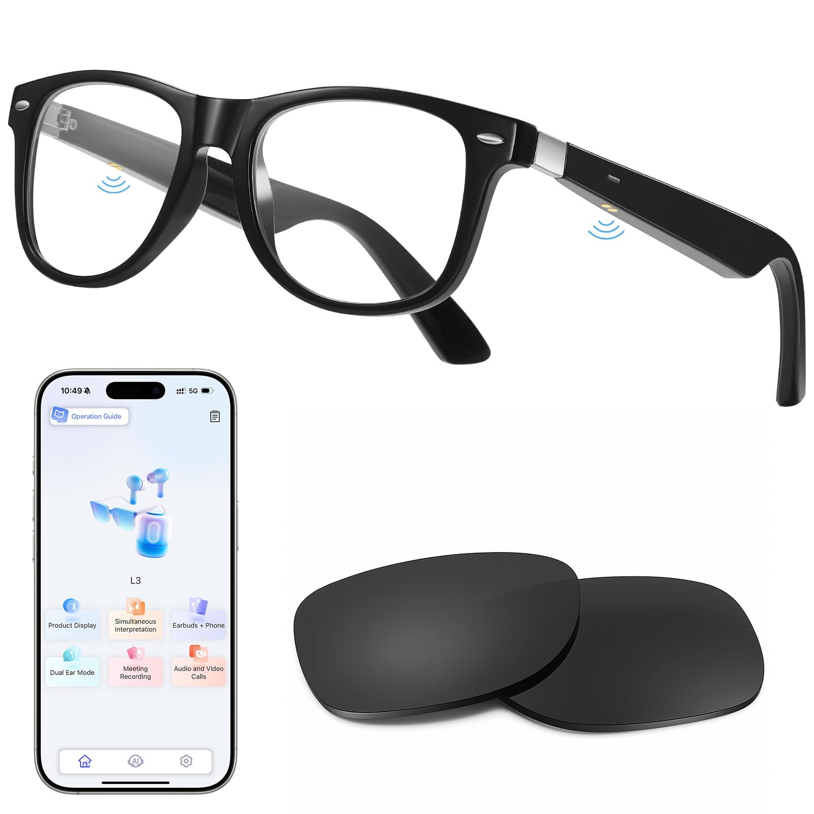 Anpress Smart Glasses Men Women AI Bluetooth Glasses with 164 Languages & Accents Real Time Translation, AI Translator Glasses w