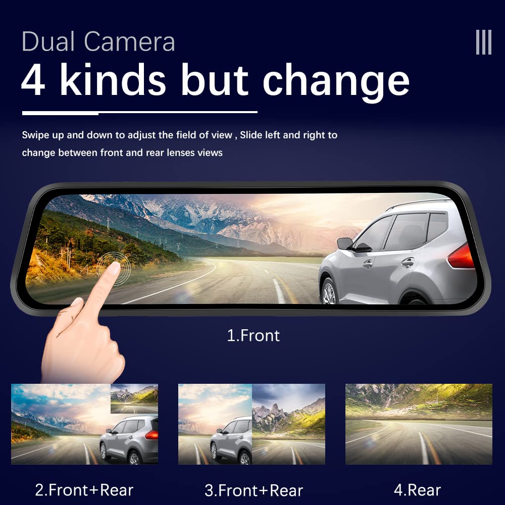 Camecho 9.66' Mirror Dash Cam Rear View Mirror Camera Front And Rear 1080P Backup Camera With 64Gb Card, Touch Screen Dual Front And Rear Camera/Night Vision/G Sensor/Parking Monitor/Loop Recording