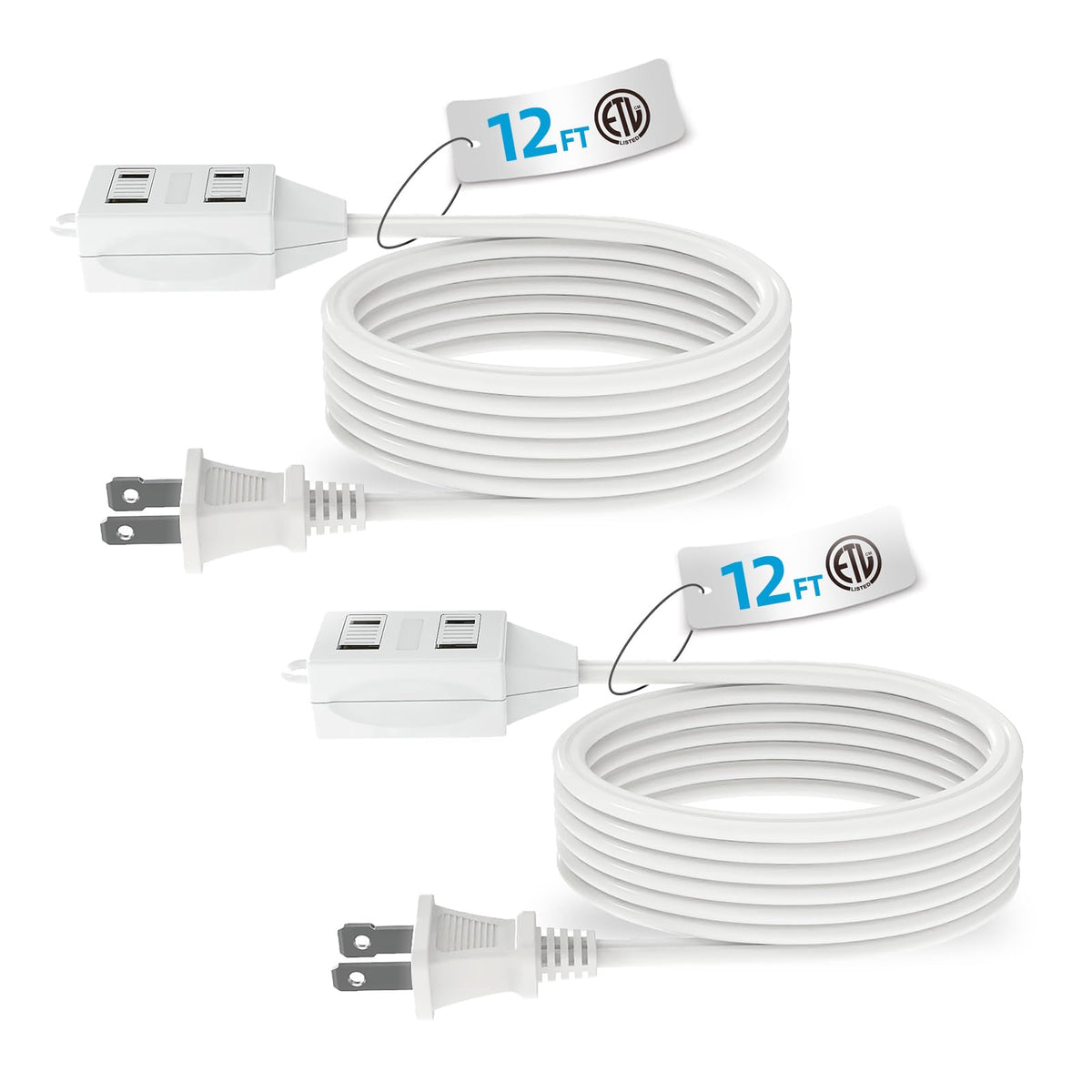 Indoor Extension Cord, 2 Prong 12 Feet Extension Cord, 3 Polarized Outlets With Safety Slide Windows,13A/1625W, 16 Awg, 2 Pack