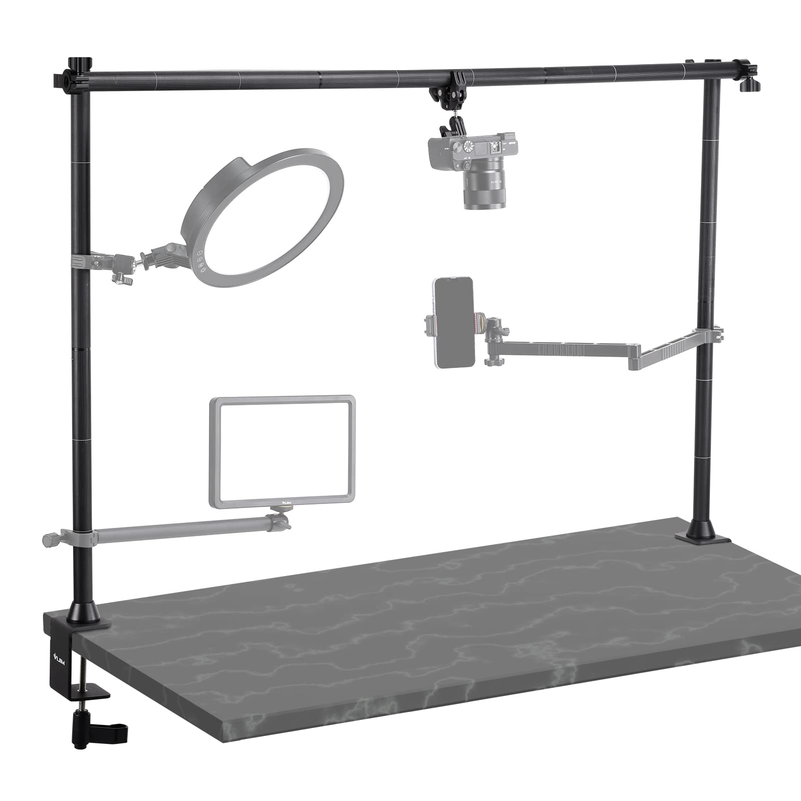 Jusmo Ls15 Desk Overhead Camera Mount Rig Top Down Shots, Professional Aluminum Tabletop Multi Device Mount Platform For Product Photography/Video Making/Picture Taking/Live Stream And More