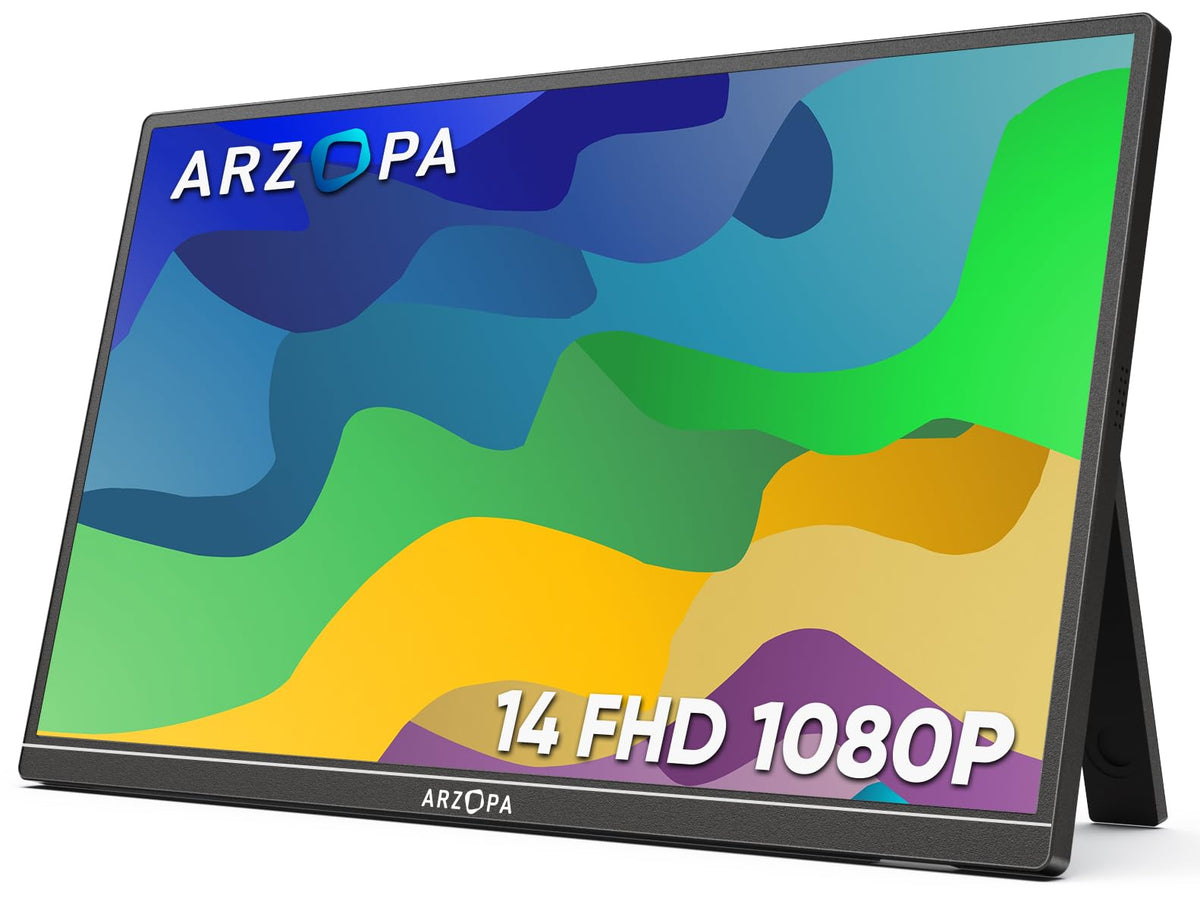 Arzopa Portable Monitor Kickstand, 14.0'' Ultra Slim Portable Laptop Monitor Fhd 1080P External Display With Dual Speakers Secon