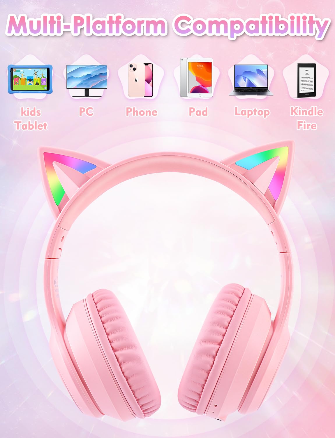 Bluetooth Kids Headphones With Microphone, Cat Ear Led Light Up And 85Db Volume Limited Toddlers Study Headphones, Wireless Fold