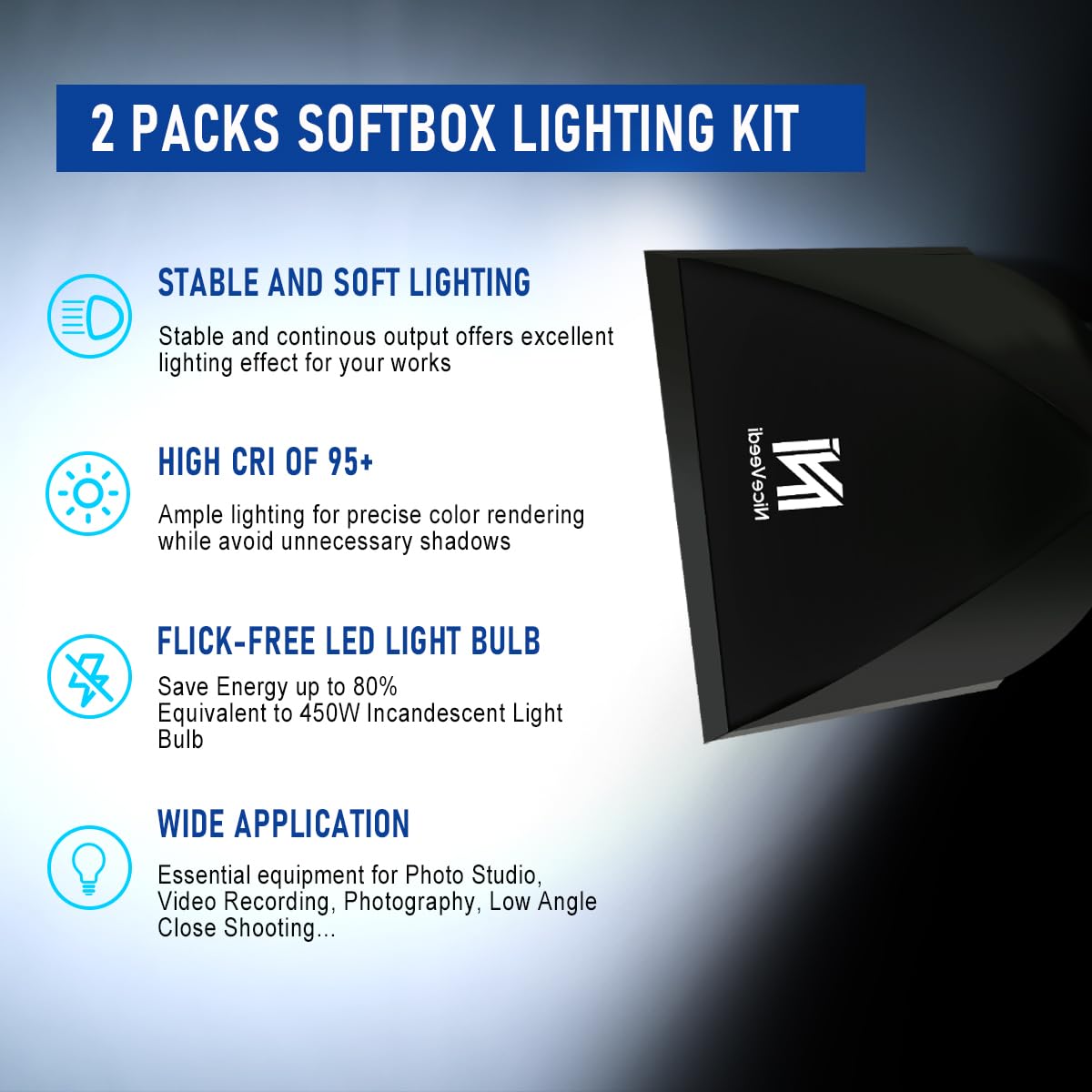 Softbox Lighting Kit, Niceveedi 2 Pack 16'' X 16'' Softbox Photography Lighting Kit With 63    Tripod Stand & 5400K 450W Equival