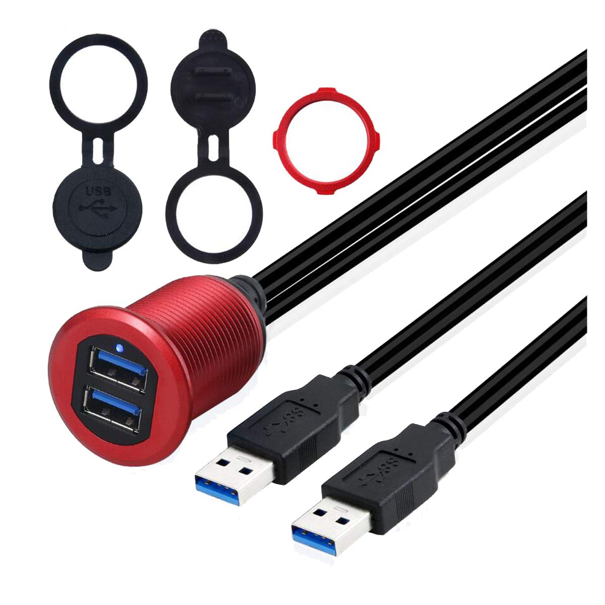 Kework Metal Dual Usb 3.0 Ports Mount With Light, 3.3Ft 2 Ports Usb Male To 2 Ports Female Flush Mount Panel Mount Extension Aux