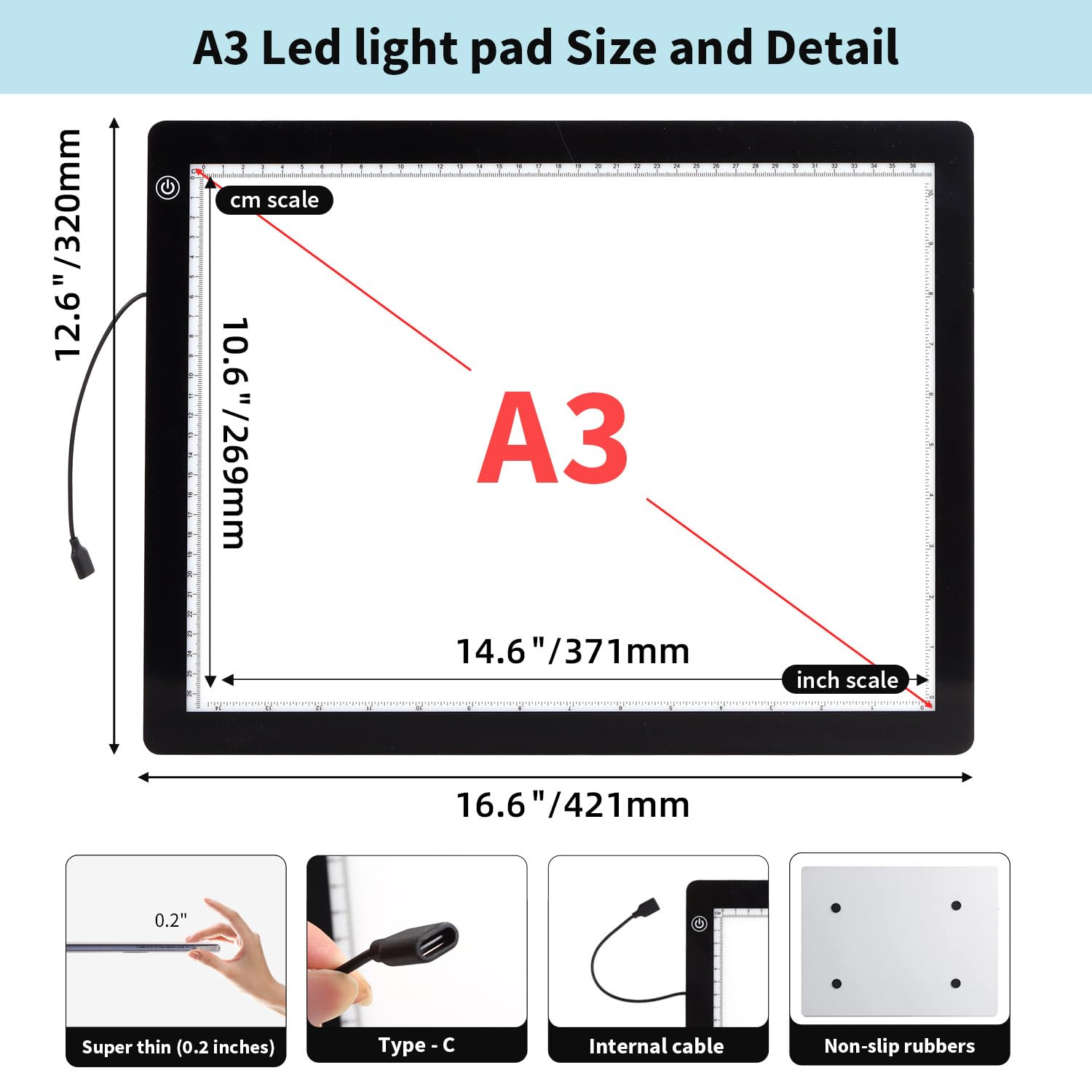 Zocelight A2 Light Pad,7Mm Ultra Thin Led Light Box,3 Levels Dimming/Stepless Dimming Light Table With 2 Clips And 12V 2A Adapte