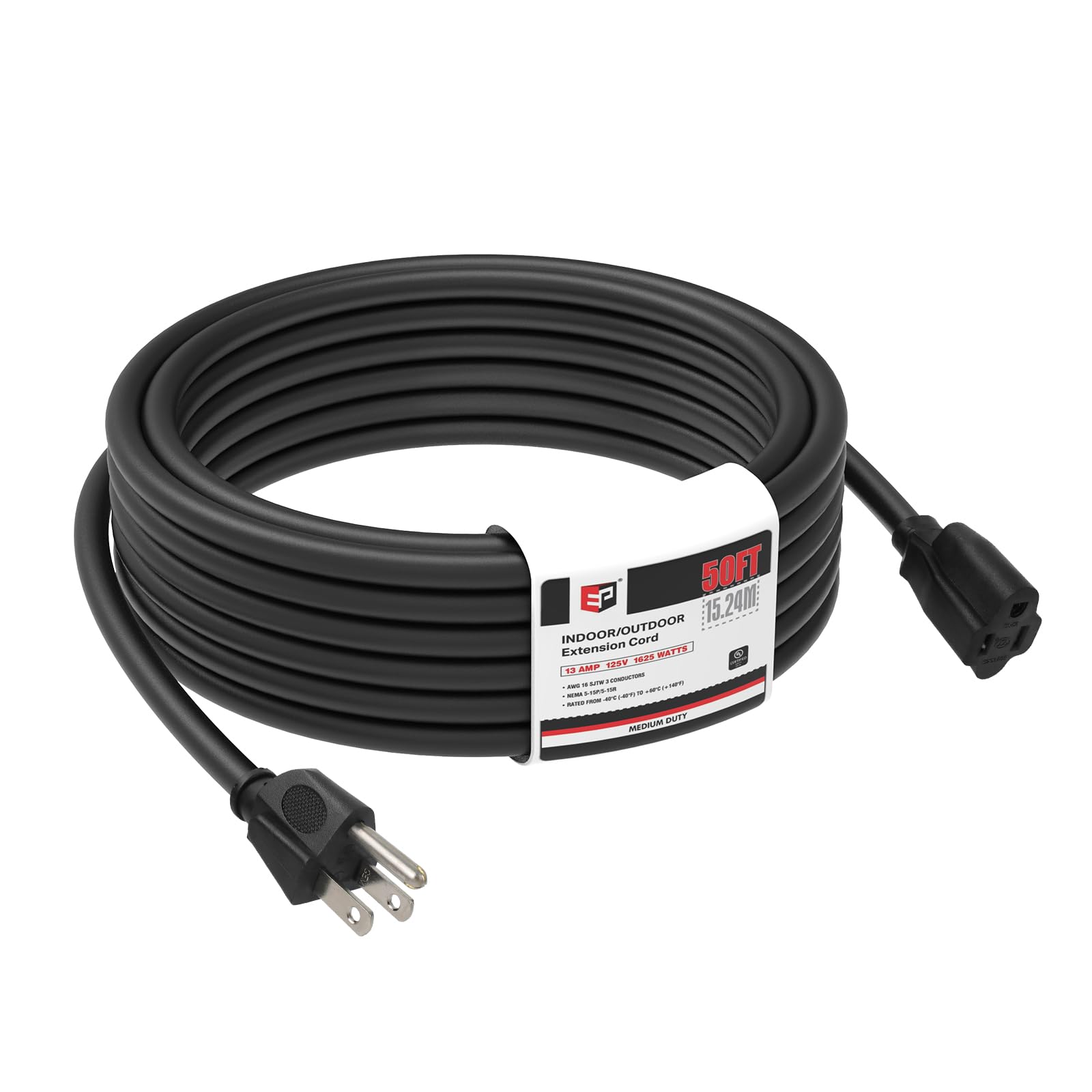 Ep 50Ft Black Outdoor Extension Cord, 16/3 Sjtw Heavy Duty Waterproof, 3 Prong Grounded Plug, 13A 1625W 16Awg, Cold Resistant Fl