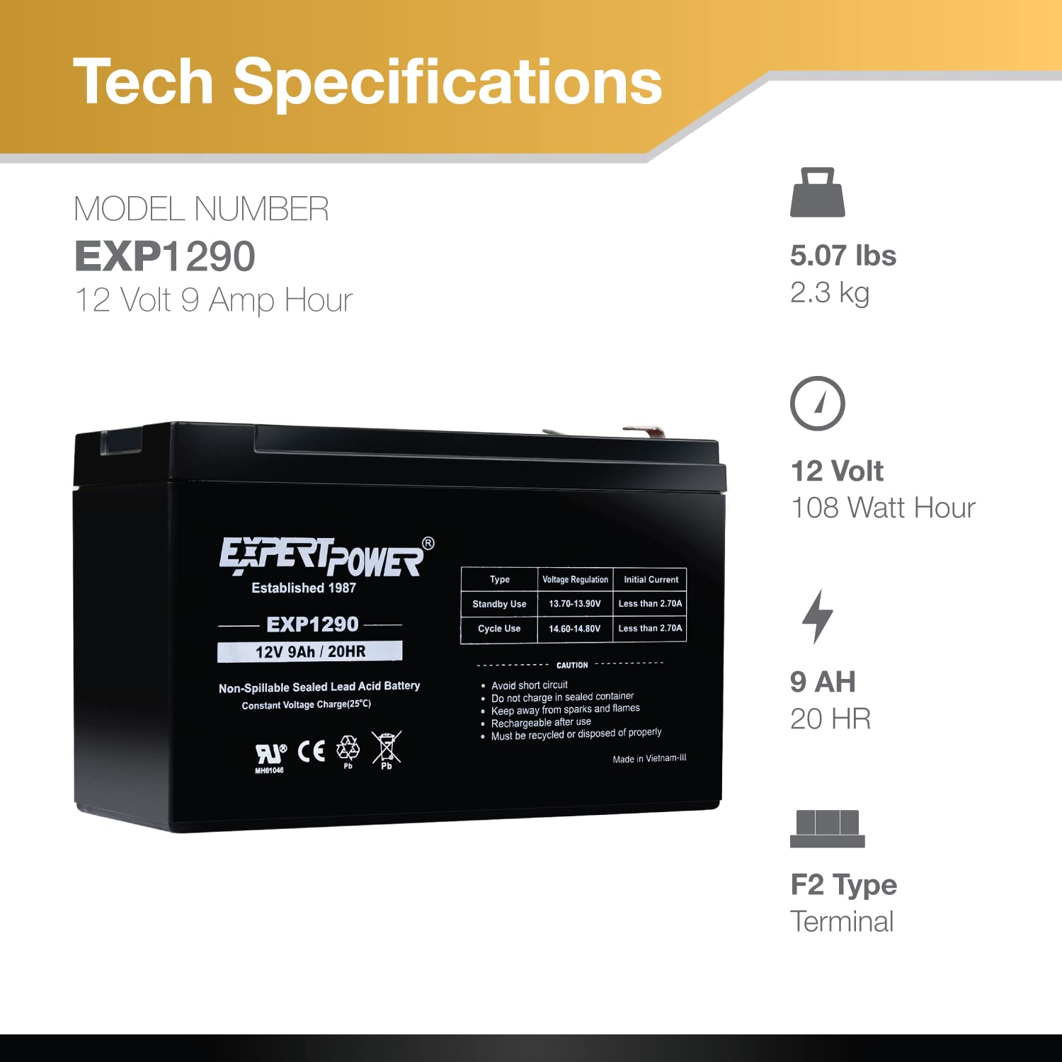 Expertpower 12V 9Ah Sealed Lead Acid Battery With F2 Terminals (.250'')/2 Pack