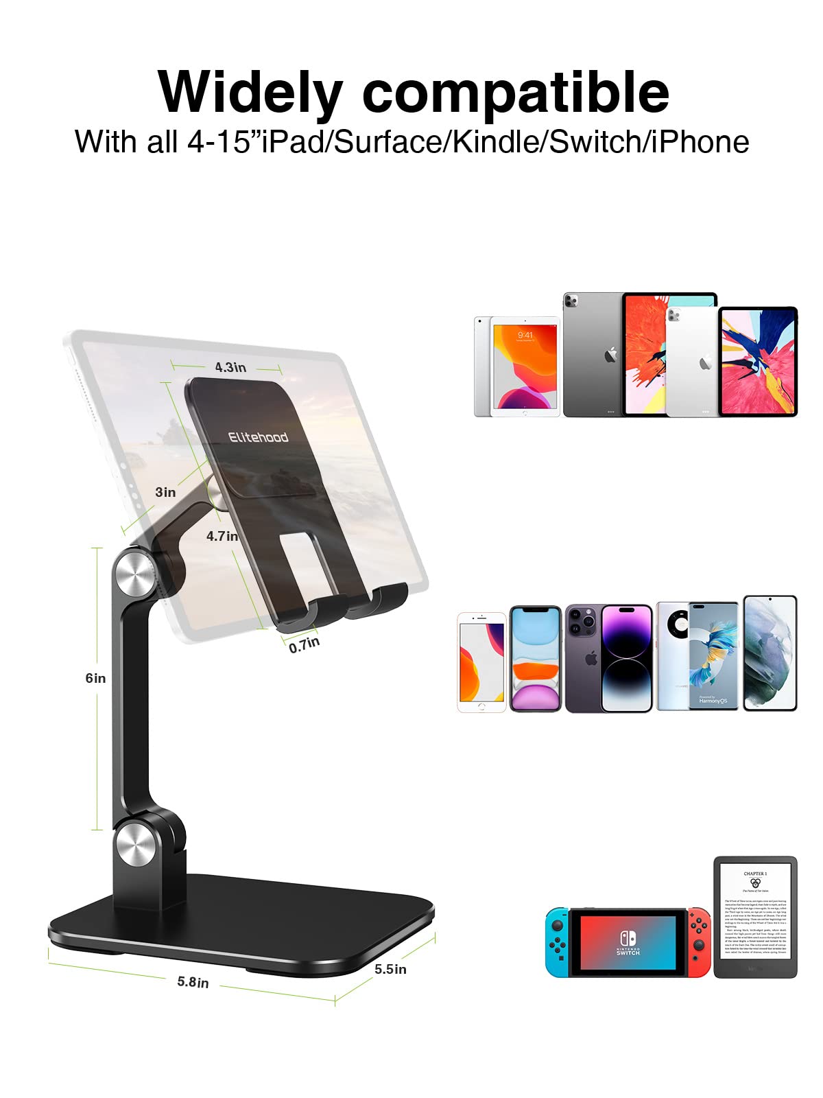 Elitehood Aluminum Ipad Stand For Desk [Ultra Stable & Sturdy], Height Adjustable Tablet Stand, Portable Tablet Holder Dock For Home Office, Compatible With Ipad Pro 12.9, Ipad Air Mini 6 5 4 3, Black