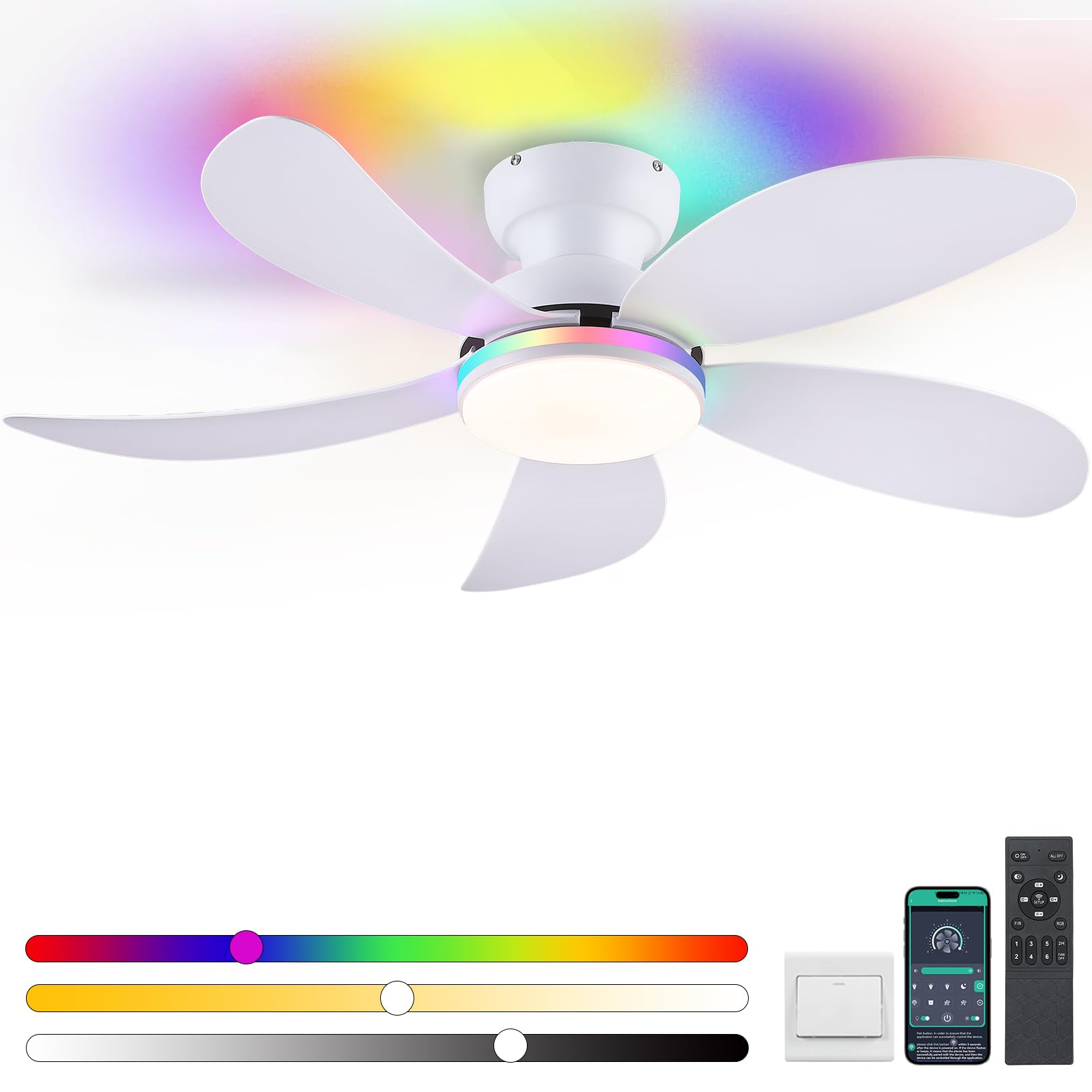 PHORUS 42 White RGB Ceiling Fans with Lights and Remote/APP, Small Modern Low Profile Ceiling Fans with Quiet Reversible DC Moto