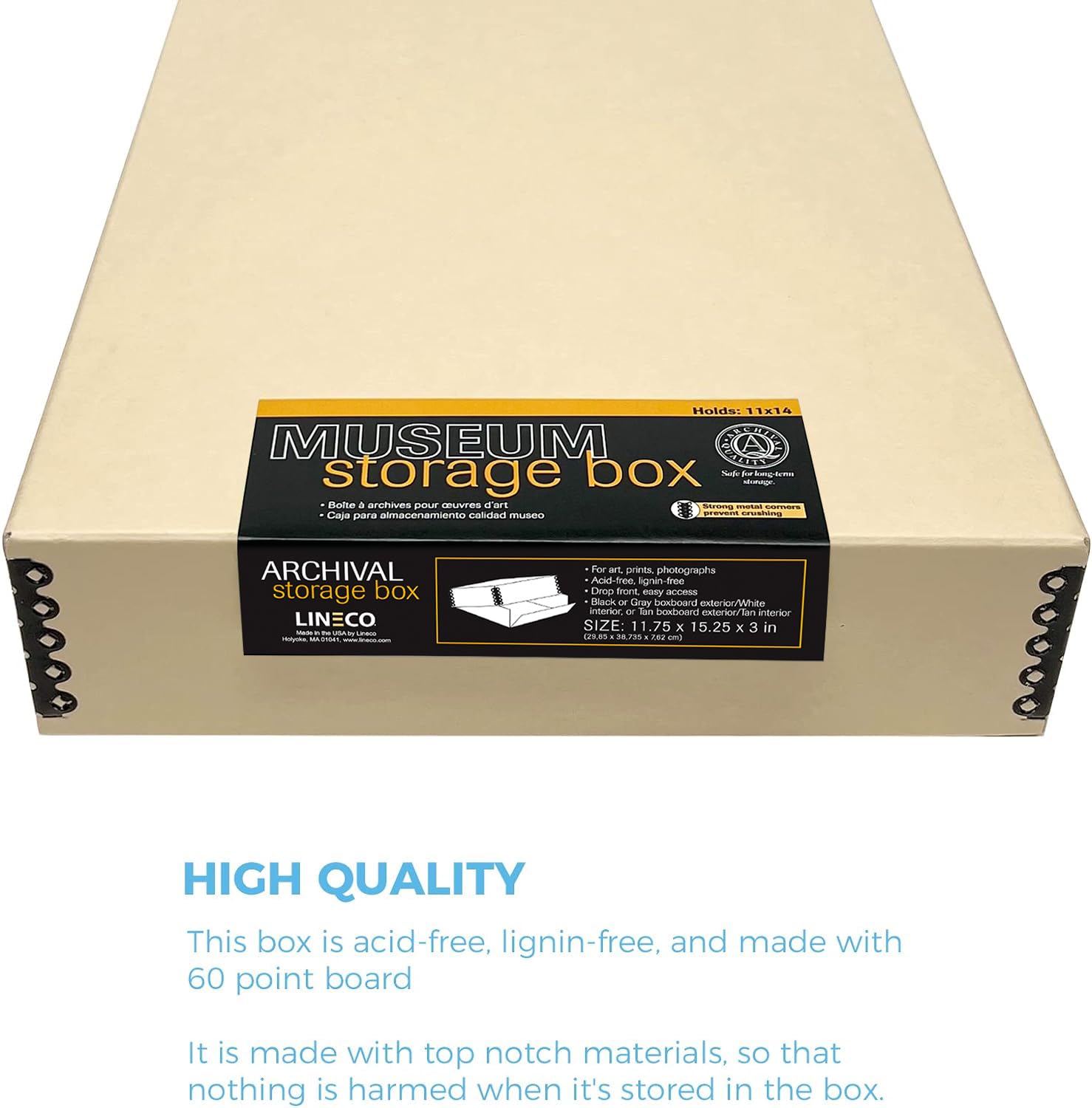 Lineco Museum Storage Box 11.5' X 15' X 3', Drop Front Design, Archival Acid Free With Metal Edge. Preserve Longevity, Photos, Documents, Cards, Magazine, Prints, Diy, Tan, Pack Of 2