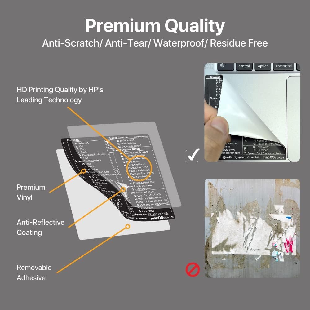 Afterplug Mac Os Keyboard Shortcuts Sticker, 50+ Shortcuts For 13 16 Inch Macbook Pro & Air, Residue Free Vinyl, Black With Whit