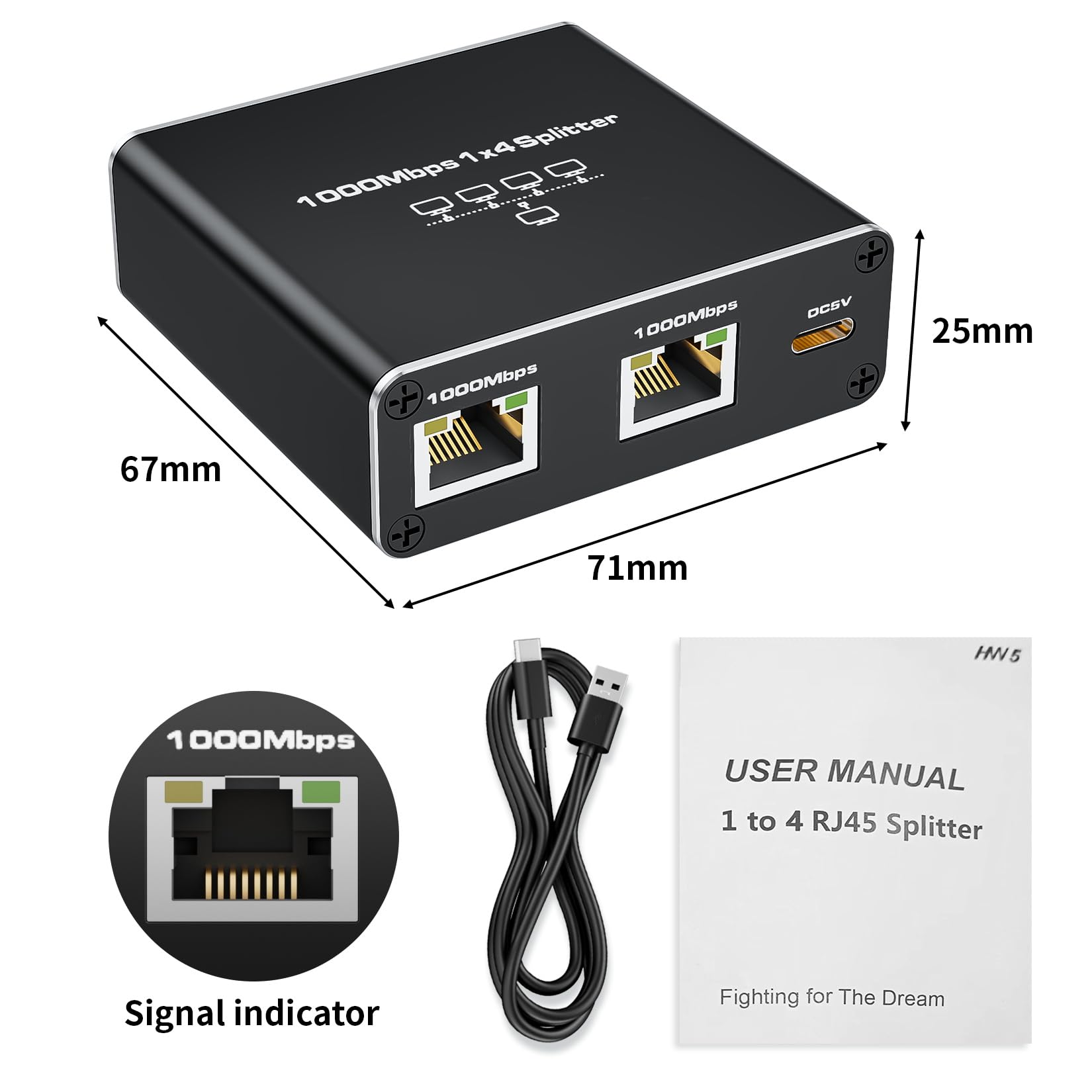 Ethernet Splitter 1 To 4, 1000Mbps Rj45 Ethernet Cable Splitter With Power Cable